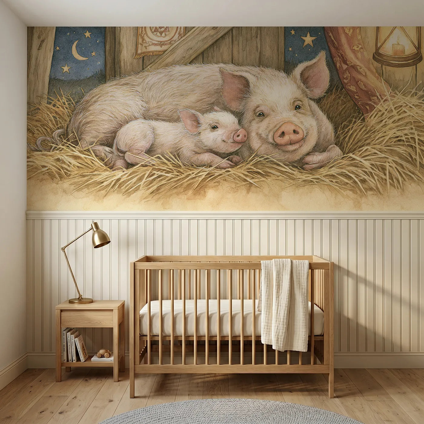 Storybook wainscoting wallpaper of a piglet at goodnight in golden straw by Whimsy Tots
