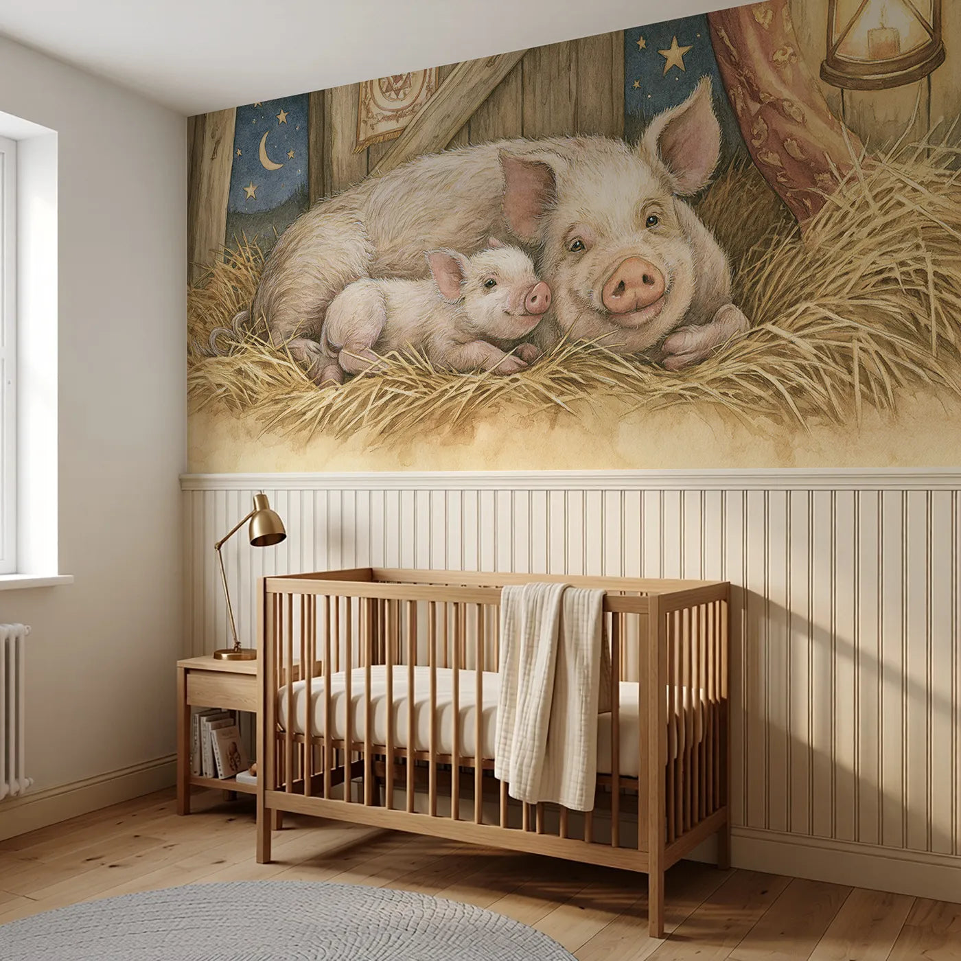 Piglet Straw Nest Goodnight Wainscoting Wallpaper styled in a kids room by Whimsy Tots