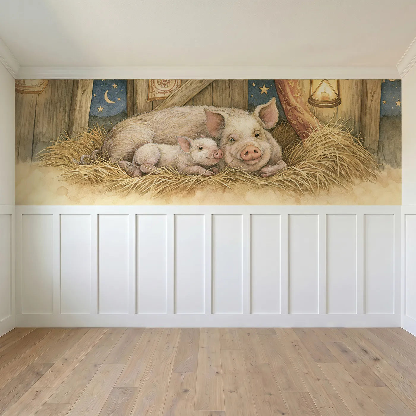 Full panel view of Piglet Straw Nest Goodnight Wainscoting Wallpaper by Whimsy Tots