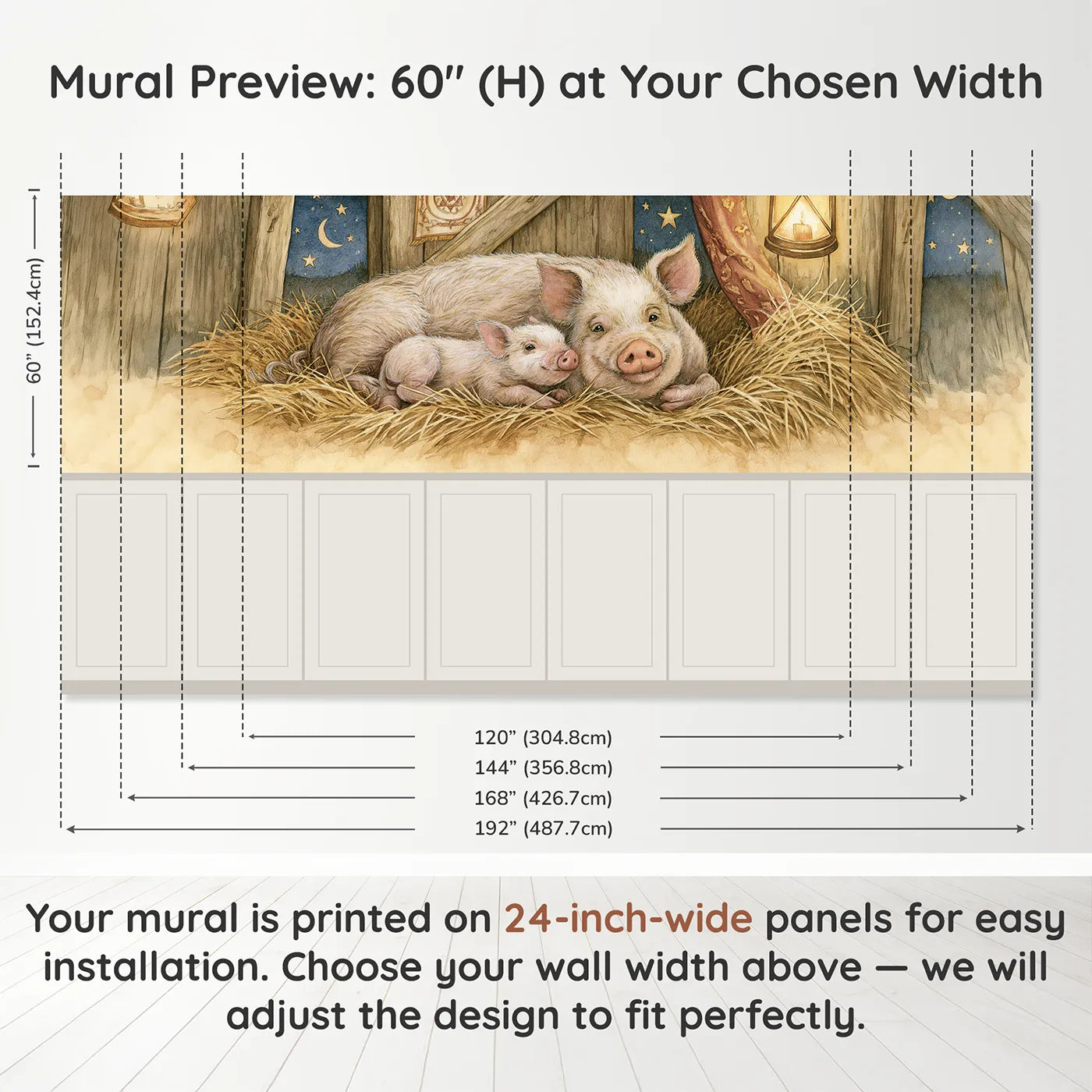 Panel dimensions for Piglet Straw Nest Goodnight Wainscoting Wallpaper by Whimsy Tots