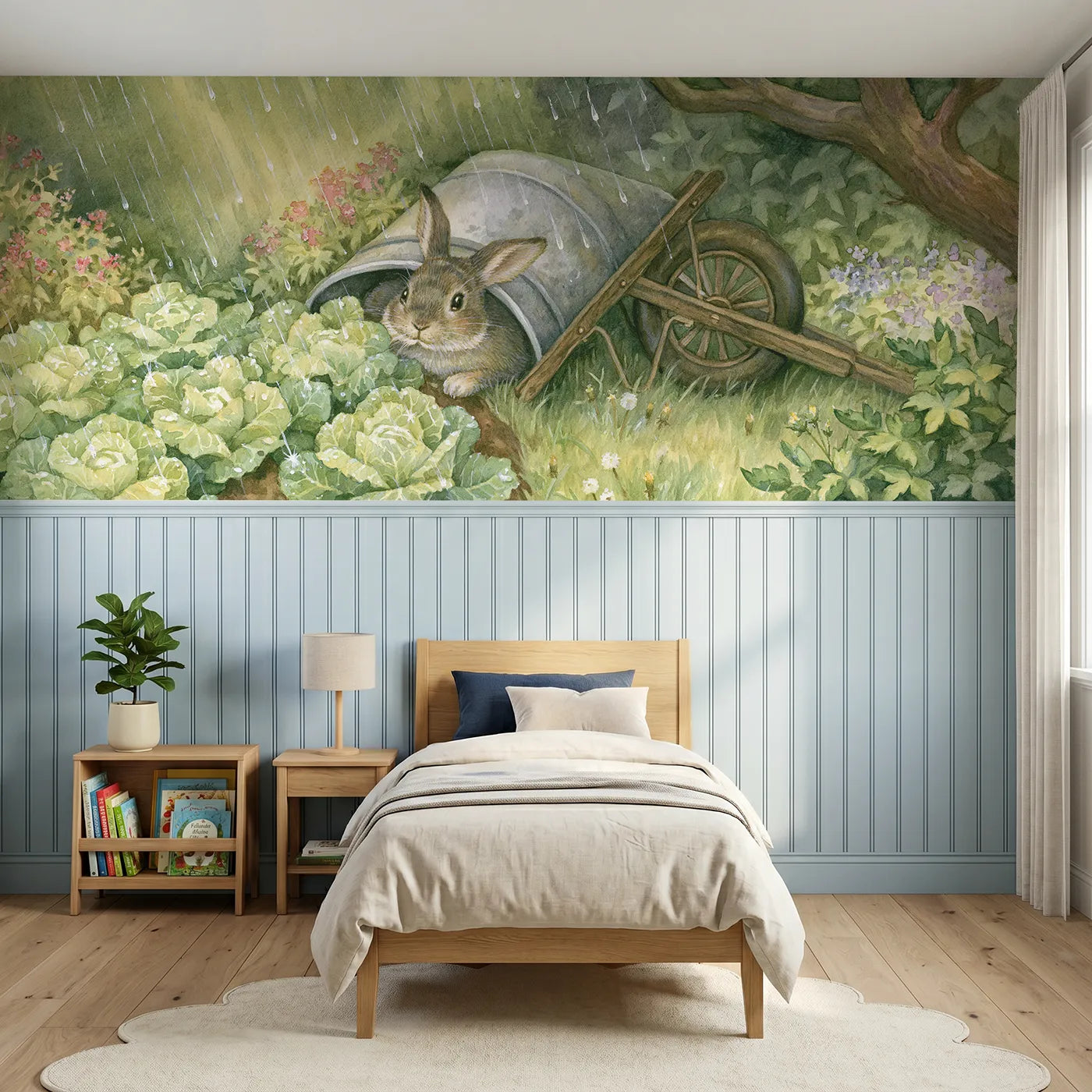 Storybook wainscoting wallpaper of a bunny under a wheelbarrow in rain by Whimsy Tots