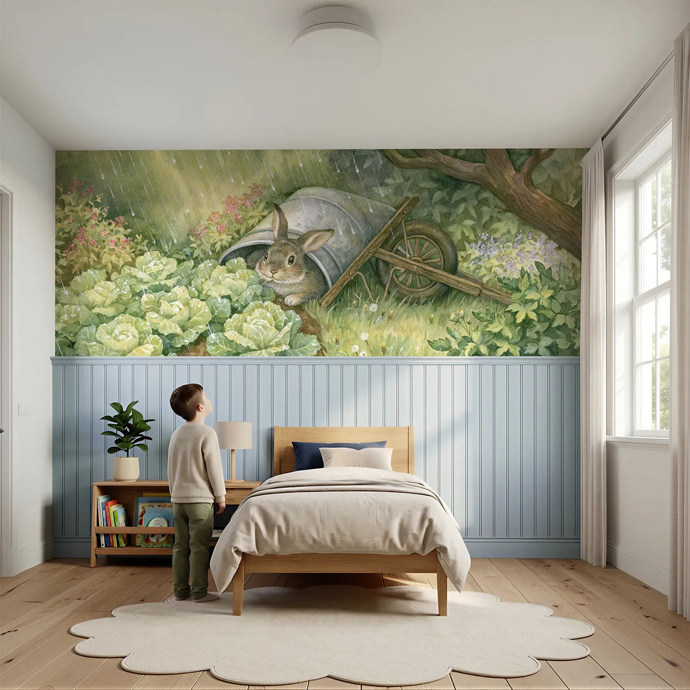 Child reading near Bunny Wheelbarrow Rain Shelter Wainscoting Wallpaper by Whimsy Tots