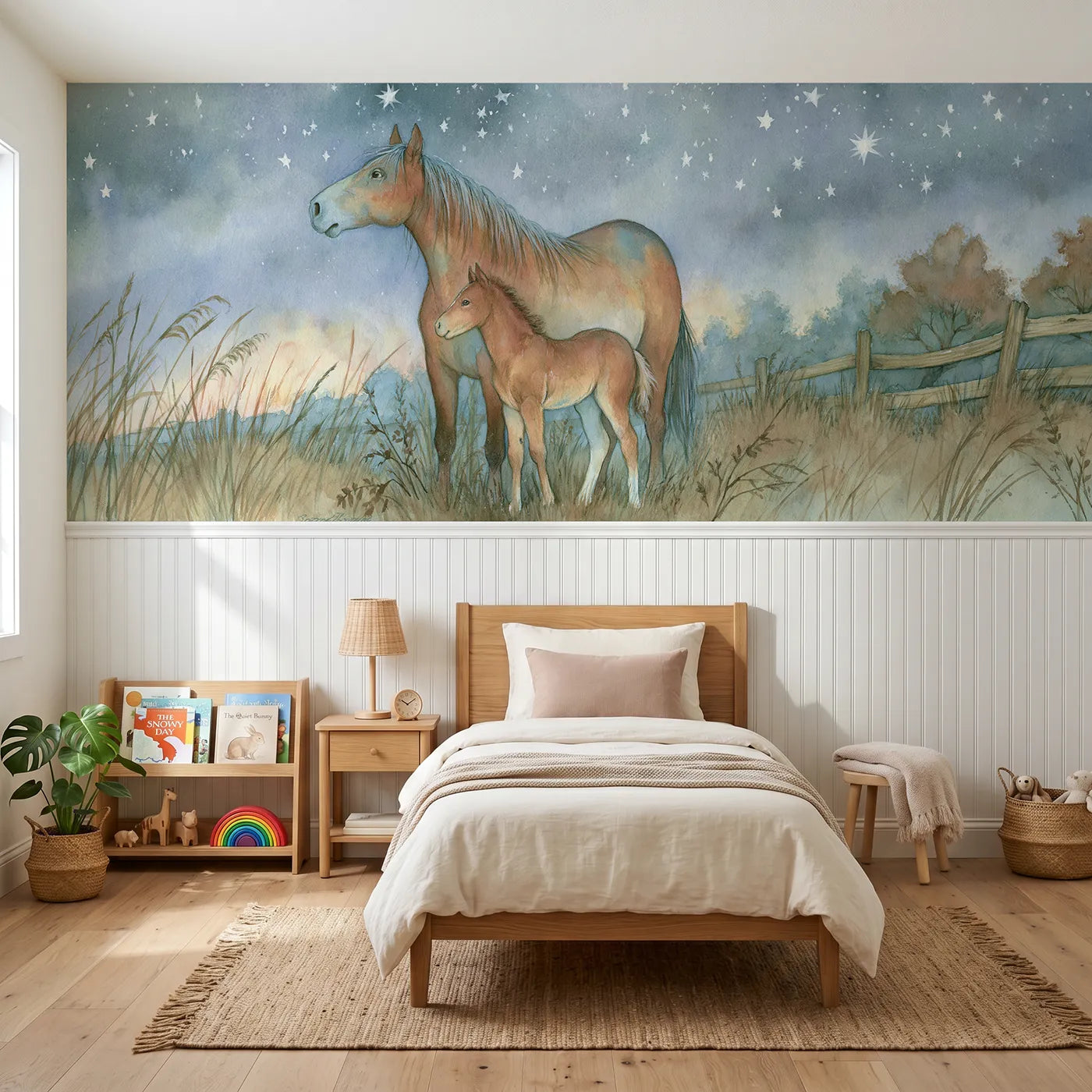 Storybook wainscoting wallpaper of a foal and mother under first stars by Whimsy Tots