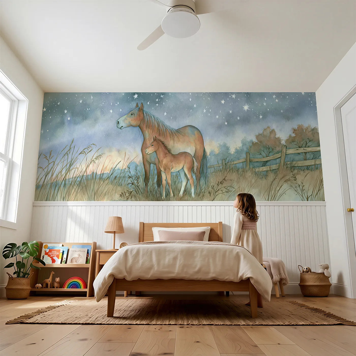 Child reading near Foal First Starry Night Wainscoting Wallpaper by Whimsy Tots