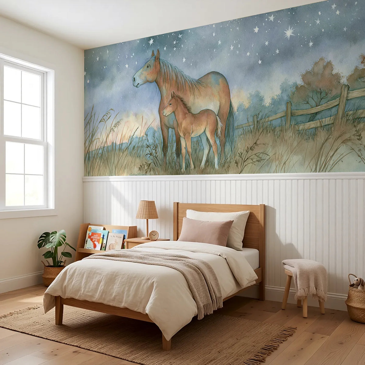 Foal First Starry Night Wainscoting Wallpaper styled in a kids room by Whimsy Tots