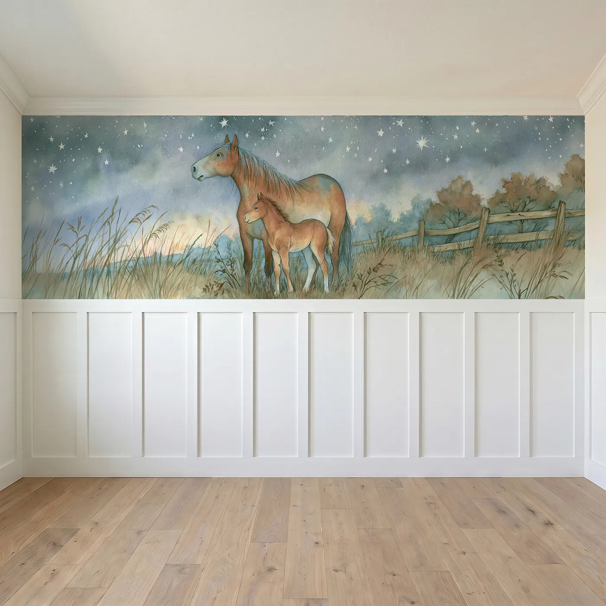 Full panel view of Foal First Starry Night Wainscoting Wallpaper by Whimsy Tots