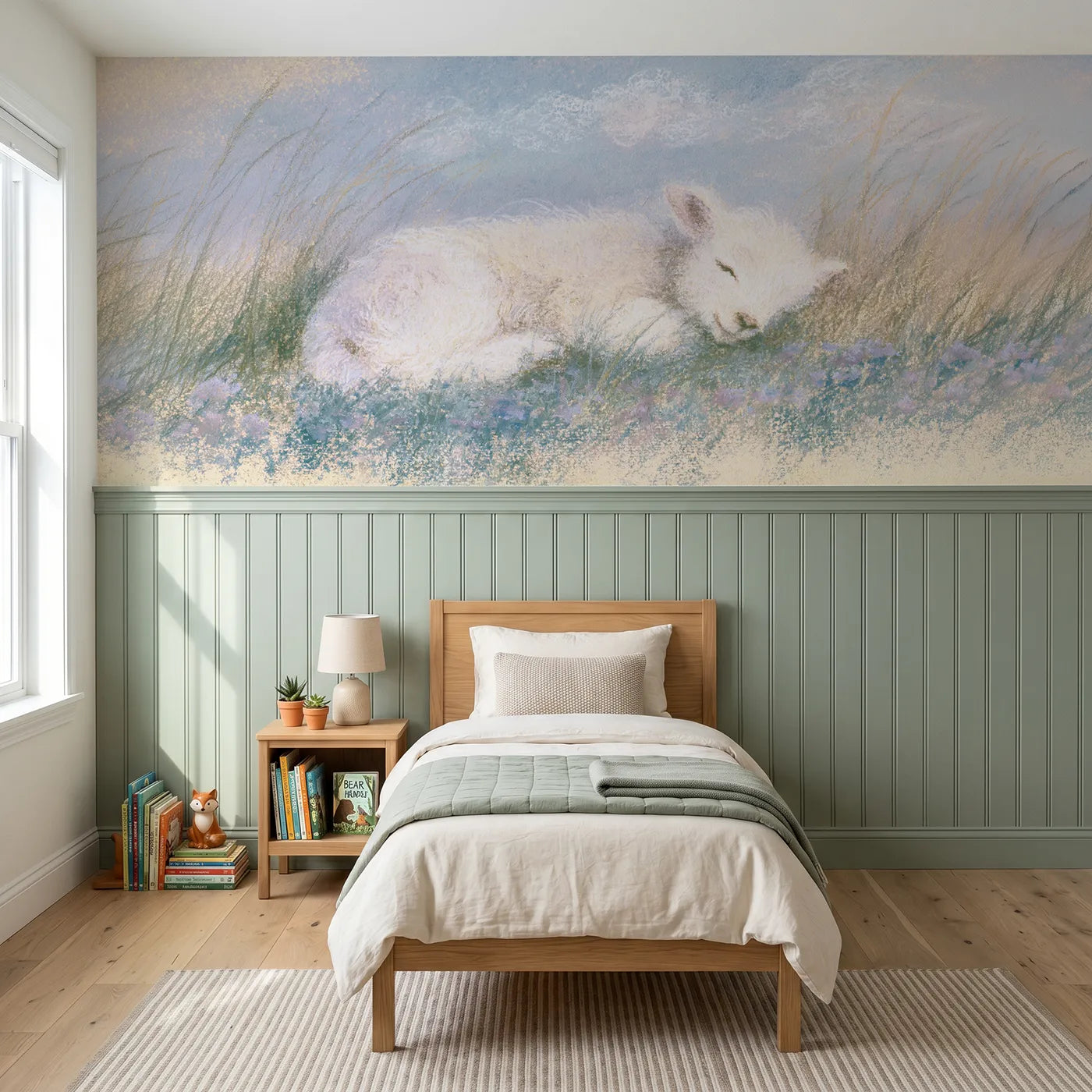 Soft pastel wainscoting wallpaper of a lamb dozing in a hilltop breeze by Whimsy Tots