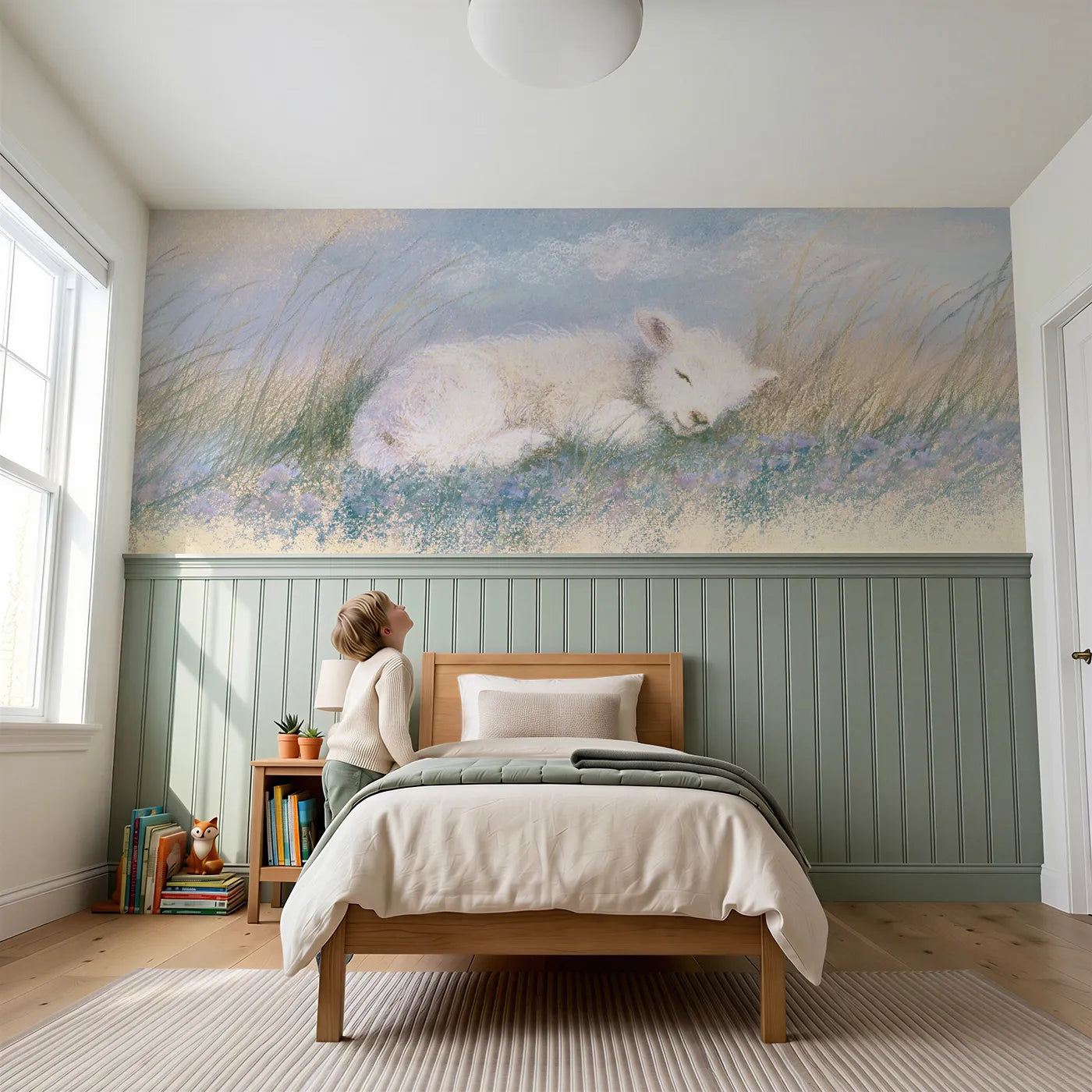 Child reading near Lamb Hilltop Breeze Doze Wainscoting Wallpaper by Whimsy Tots