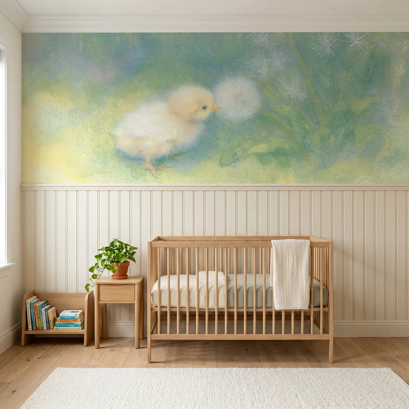 Soft pastel wainscoting wallpaper of a chick meeting a dandelion clock by Whimsy Tots