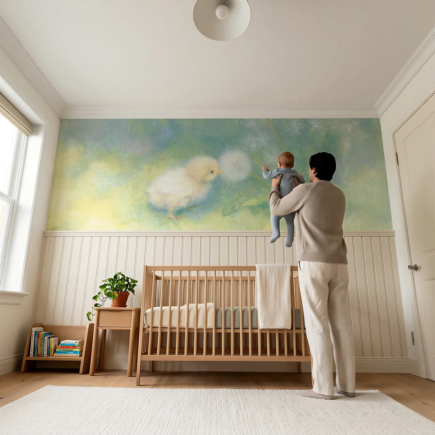 Child reading near Chick Dandelion Fluff Meeting Wainscoting Wallpaper by Whimsy Tots