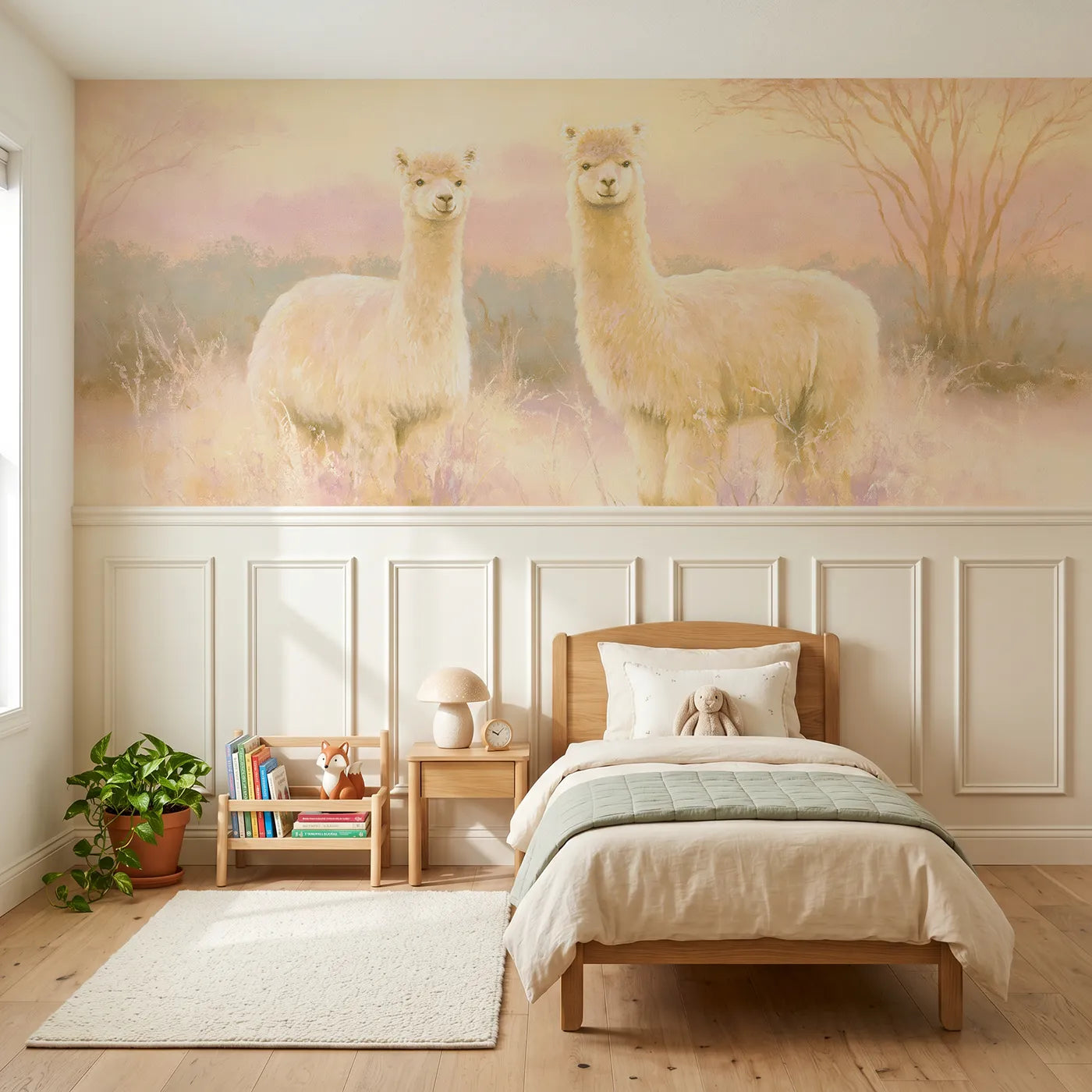 Soft pastel wainscoting wallpaper of two alpacas in rose-gold dusk by Whimsy Tots