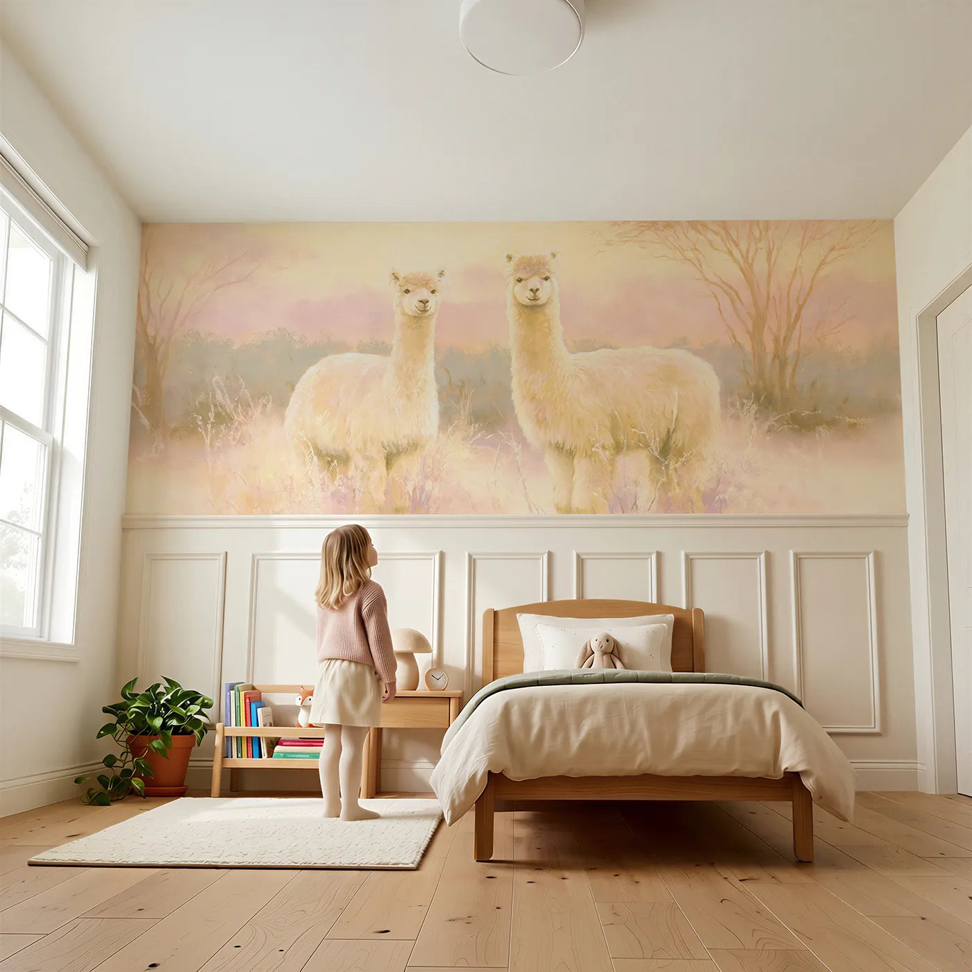 Child reading near Alpaca Pair Sunset Soft Wainscoting Wallpaper by Whimsy Tots