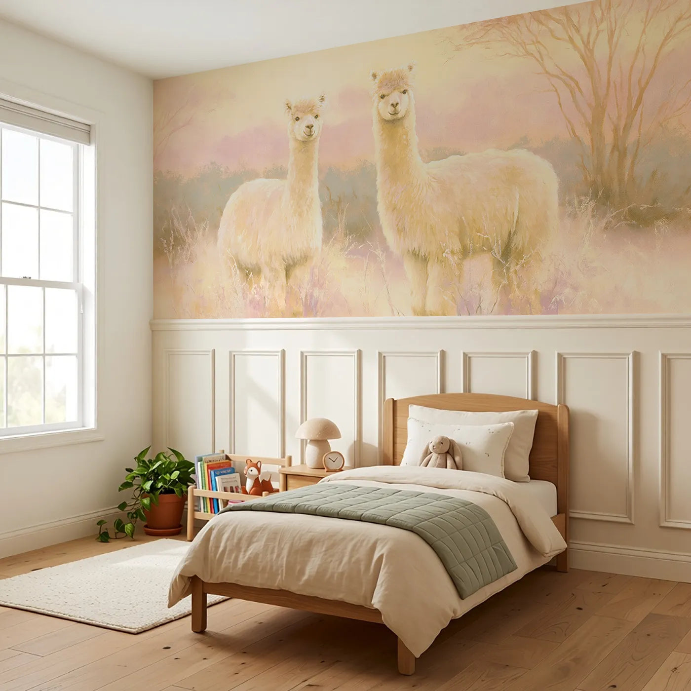 Alpaca Pair Sunset Soft Wainscoting Wallpaper styled in a kids room by Whimsy Tots