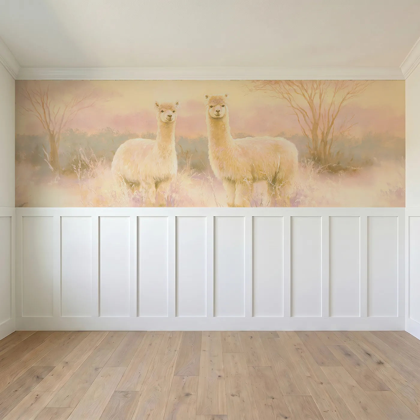 Full panel view of Alpaca Pair Sunset Soft Wainscoting Wallpaper by Whimsy Tots