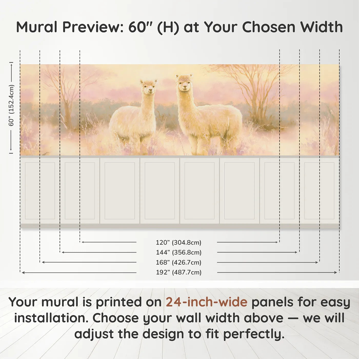 Panel dimensions for Alpaca Pair Sunset Soft Wainscoting Wallpaper by Whimsy Tots