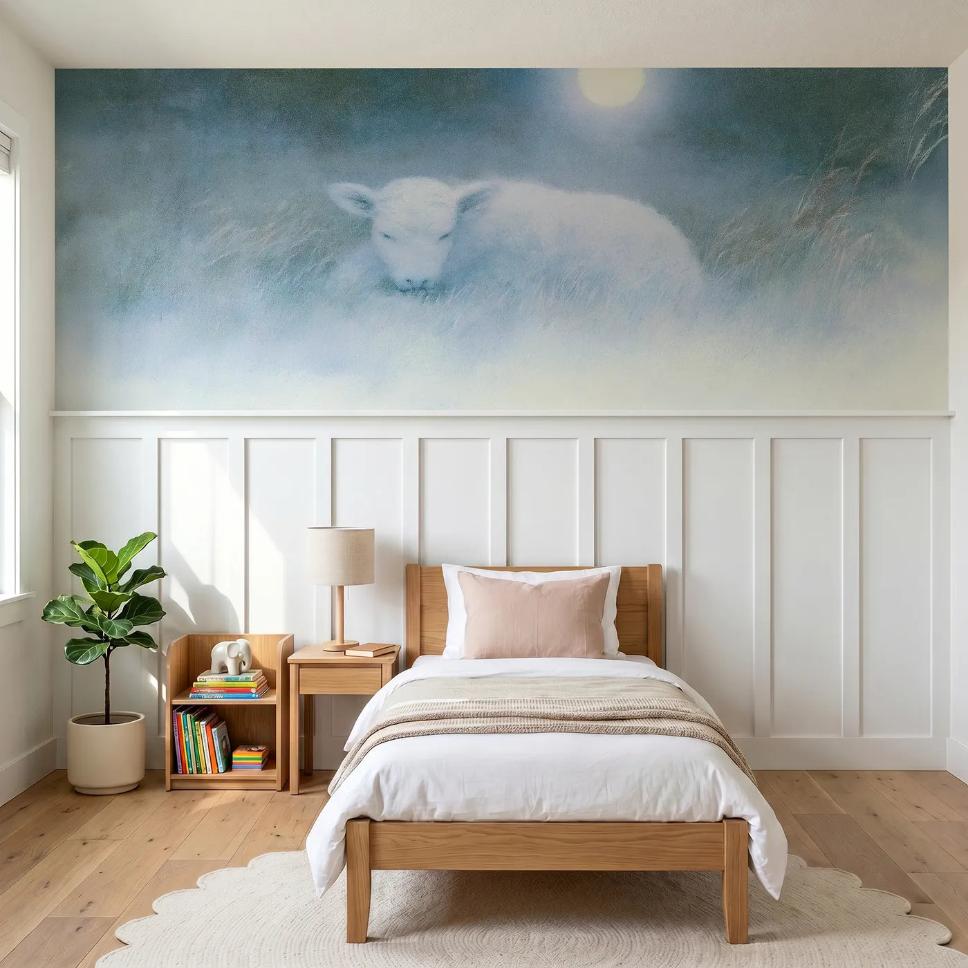 Soft pastel wainscoting mural of a calf asleep in moonlit grass by Whimsy Tots