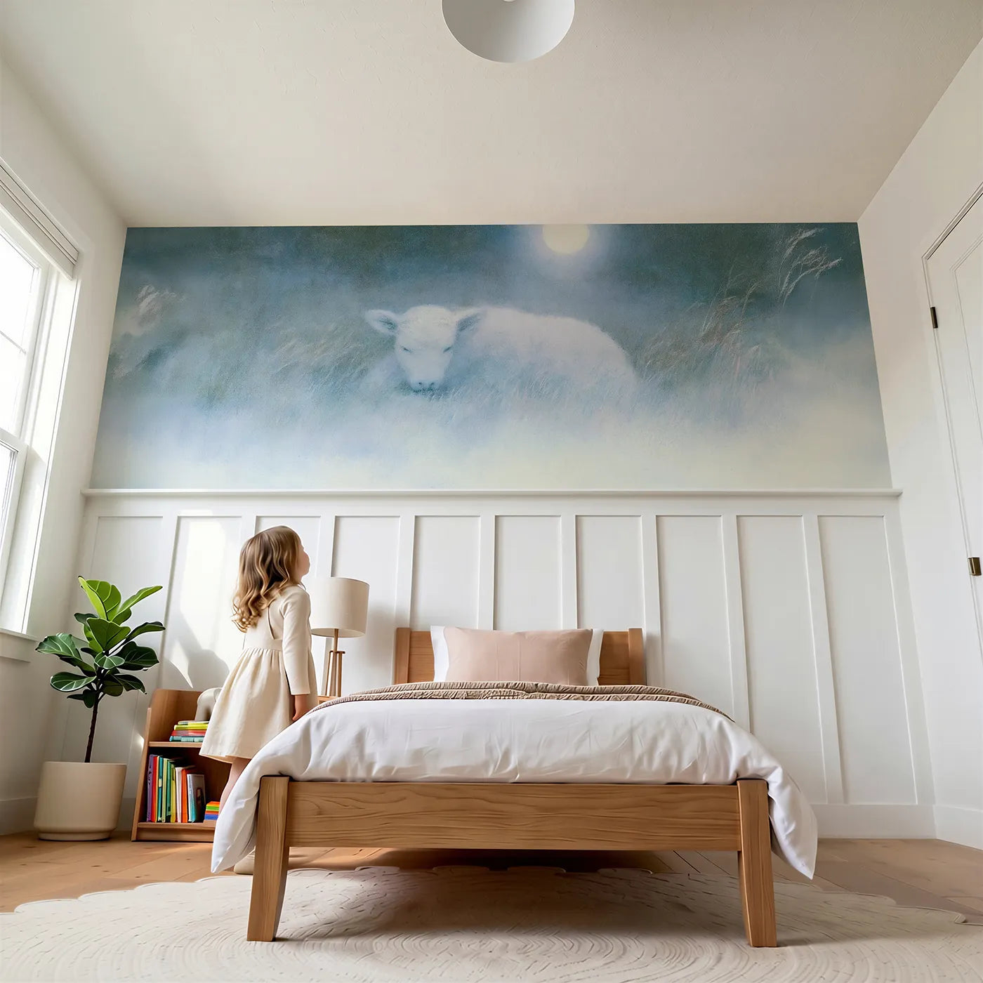 Child reading near Calf Moonlit Meadow Rest Wainscoting Wallpaper by Whimsy Tots