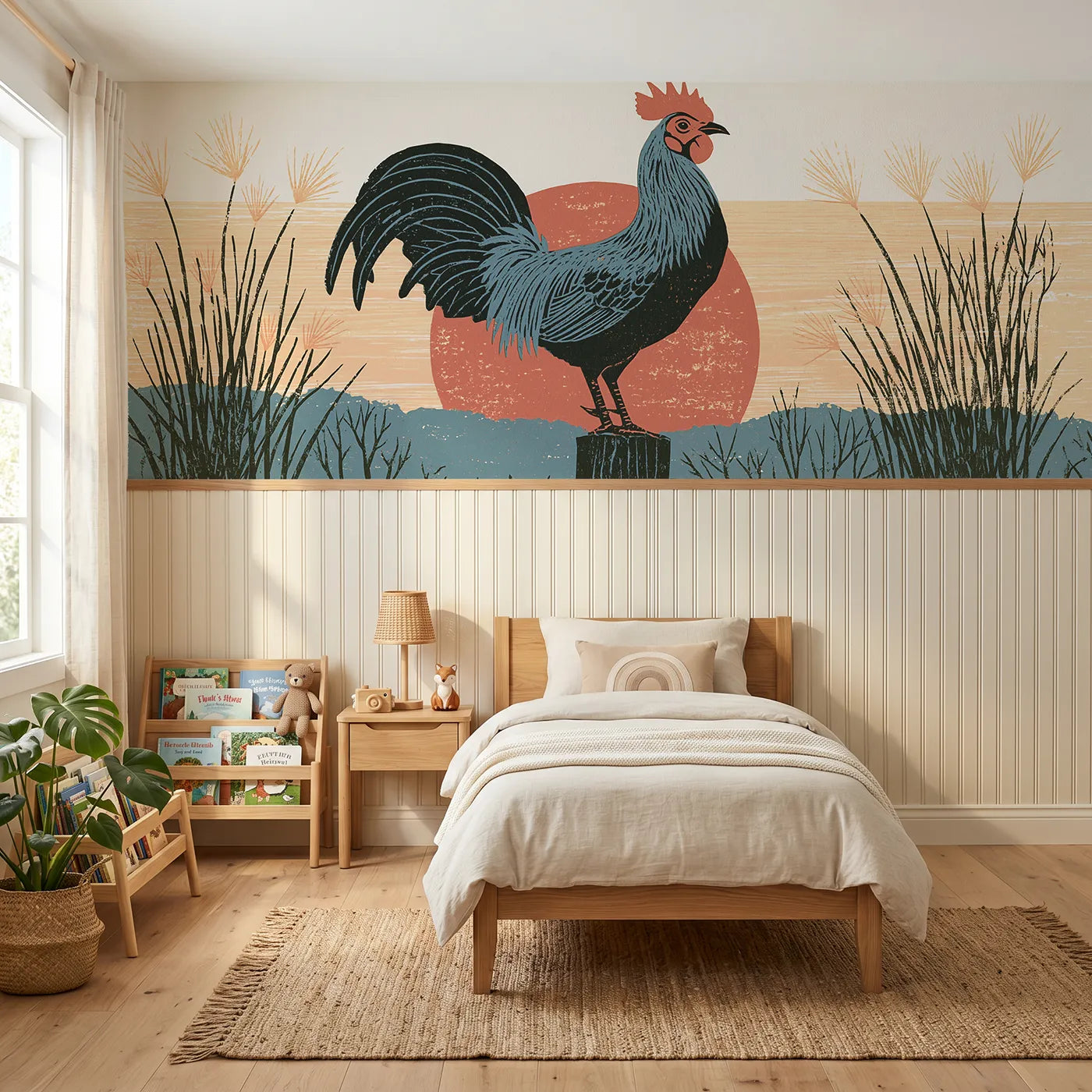 Block print wainscoting wallpaper of a carved rooster on a fence post by Whimsy Tots