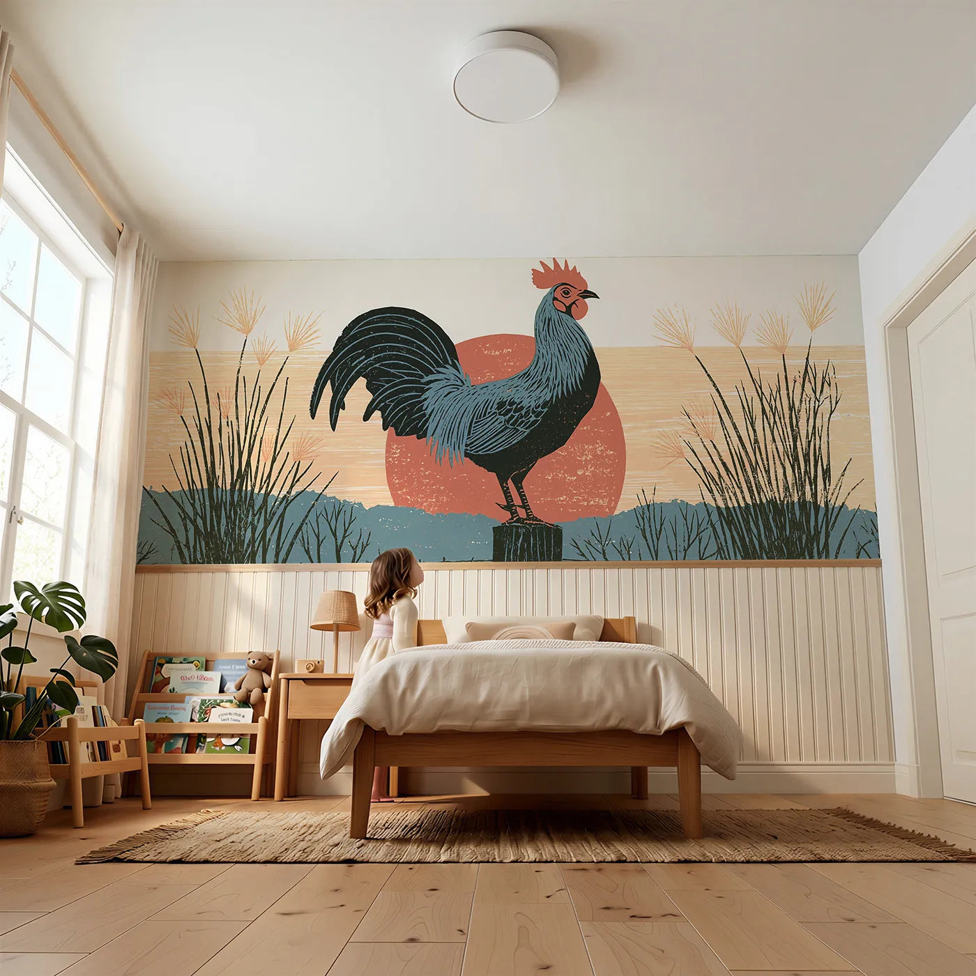 Child reading near Carved Rooster Evening Perch Wainscoting Wallpaper by Whimsy Tots