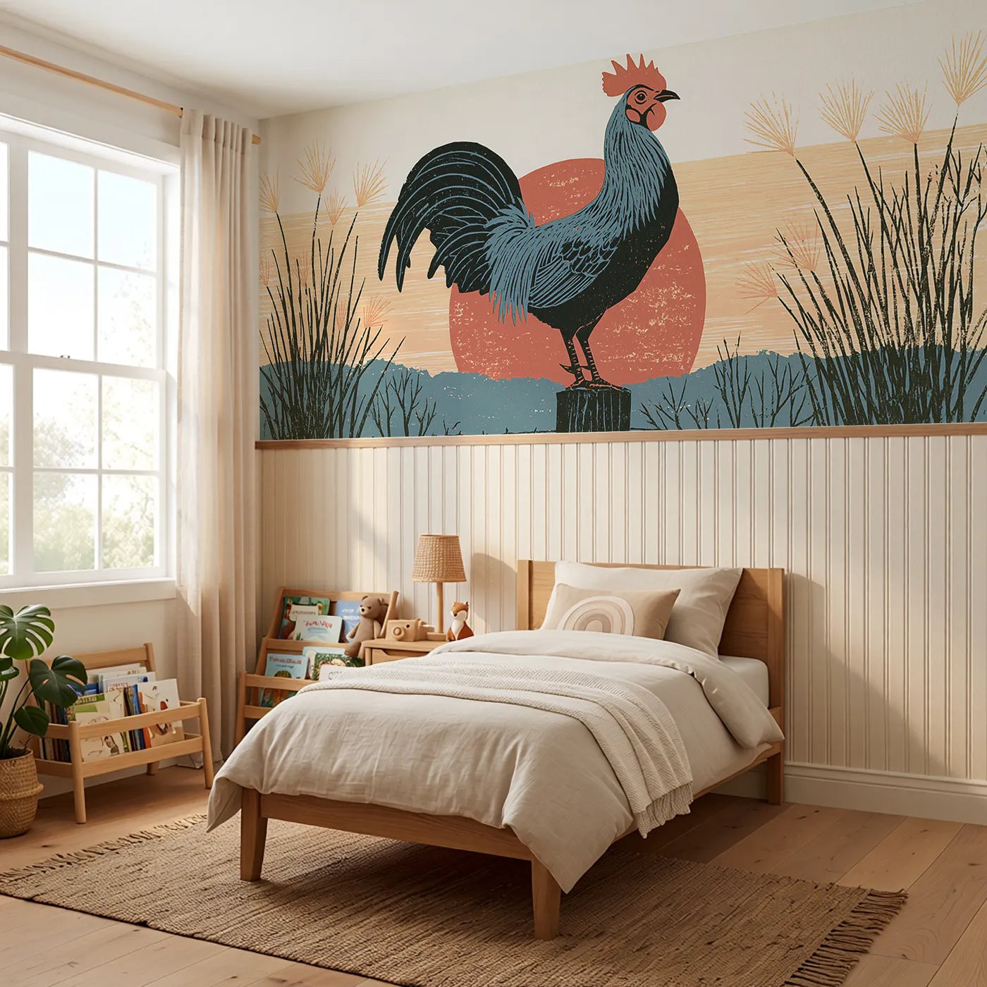 Carved Rooster Evening Perch Wainscoting Wallpaper styled in a kids room by Whimsy Tots
