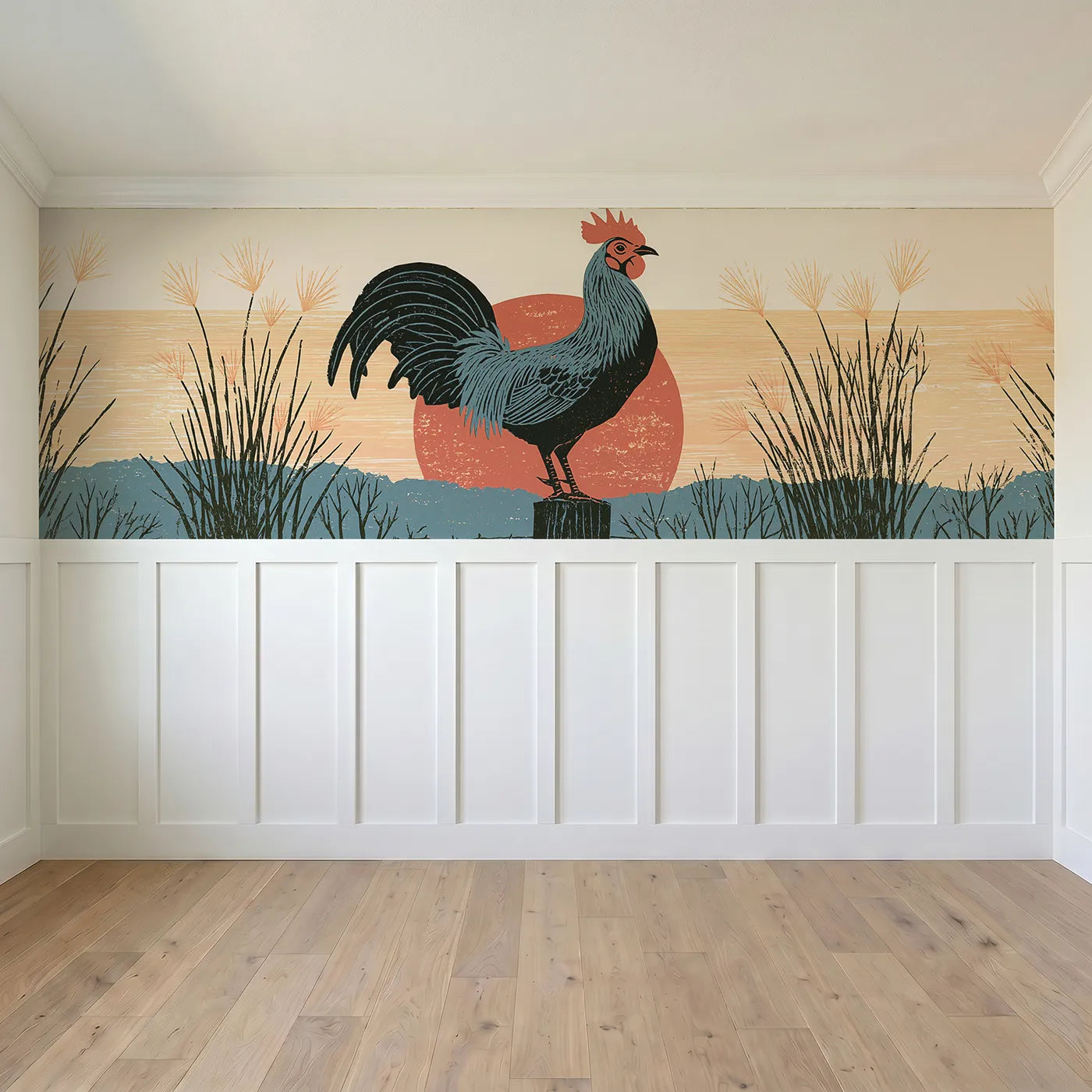 Full panel view of Carved Rooster Evening Perch Wainscoting Wallpaper by Whimsy Tots
