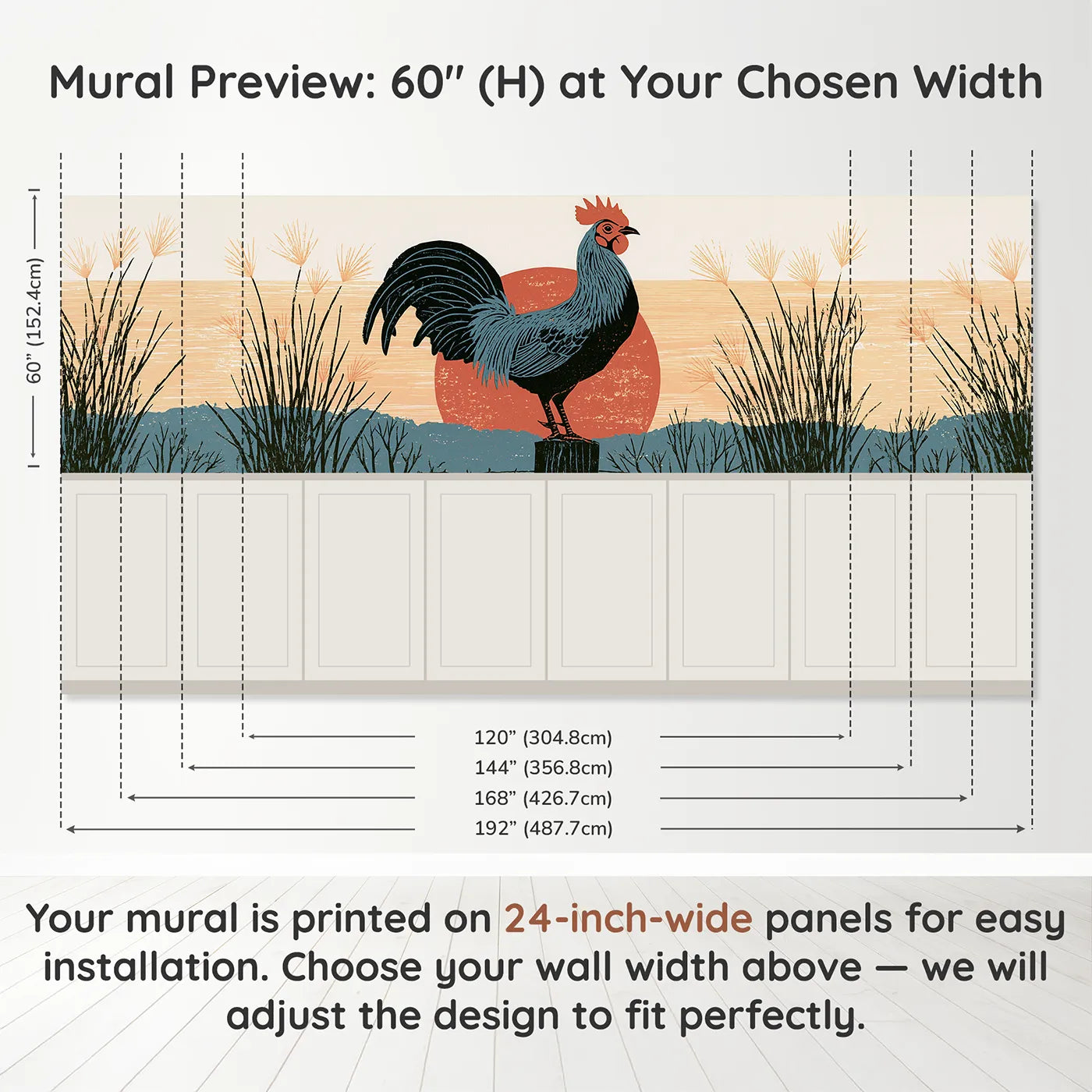 Panel dimensions for Carved Rooster Evening Perch Wainscoting Wallpaper by Whimsy Tots