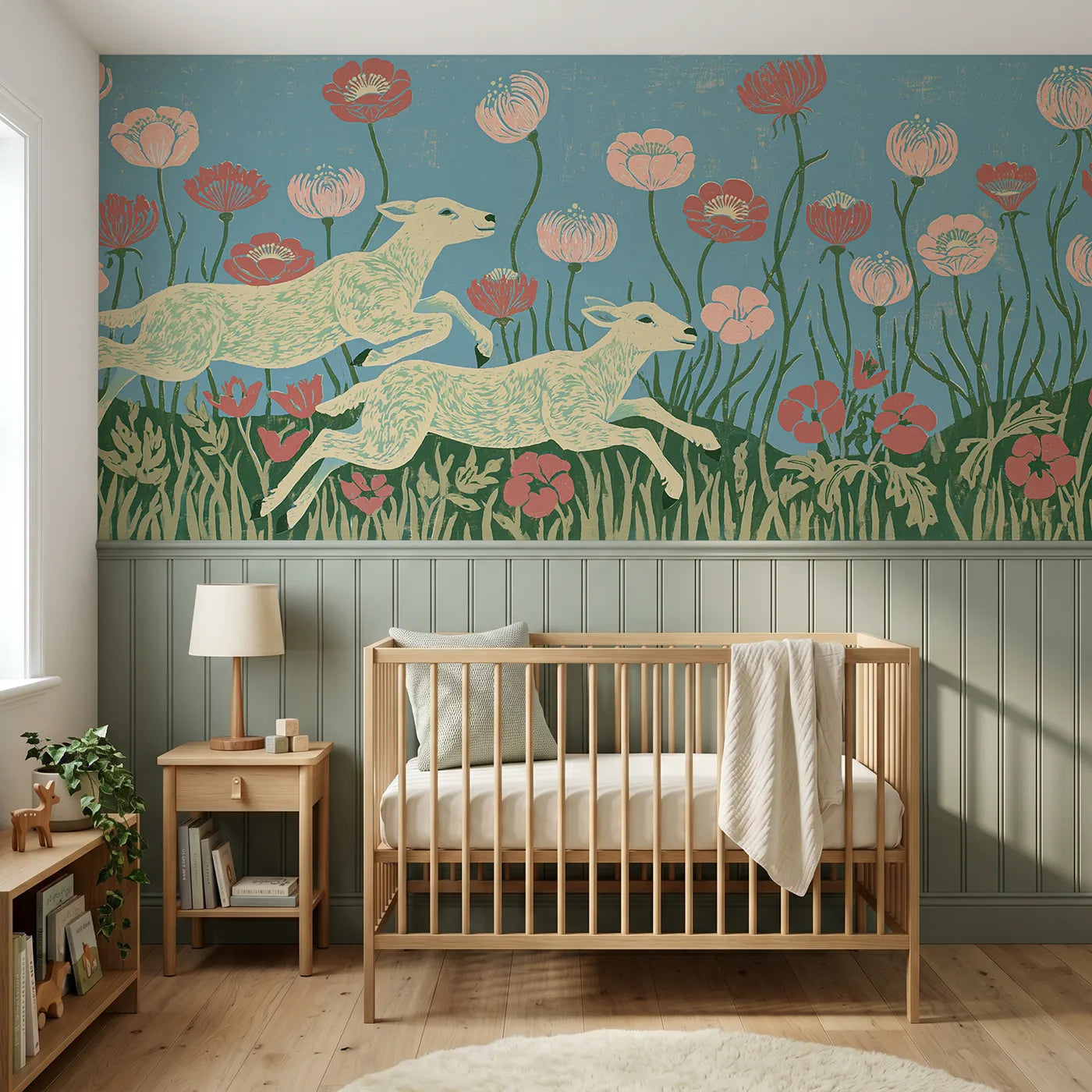 Block print wainscoting wallpaper of carved lambs springing through flowers by Whimsy Tots