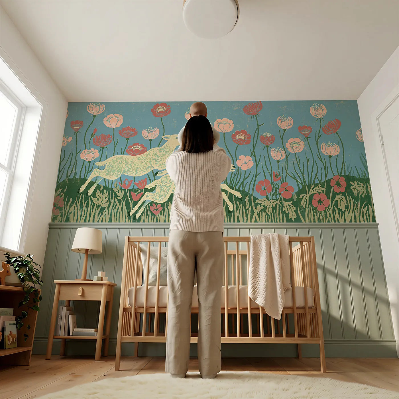 Child reading near Carved Lambs Spring Hop Wainscoting Wallpaper by Whimsy Tots