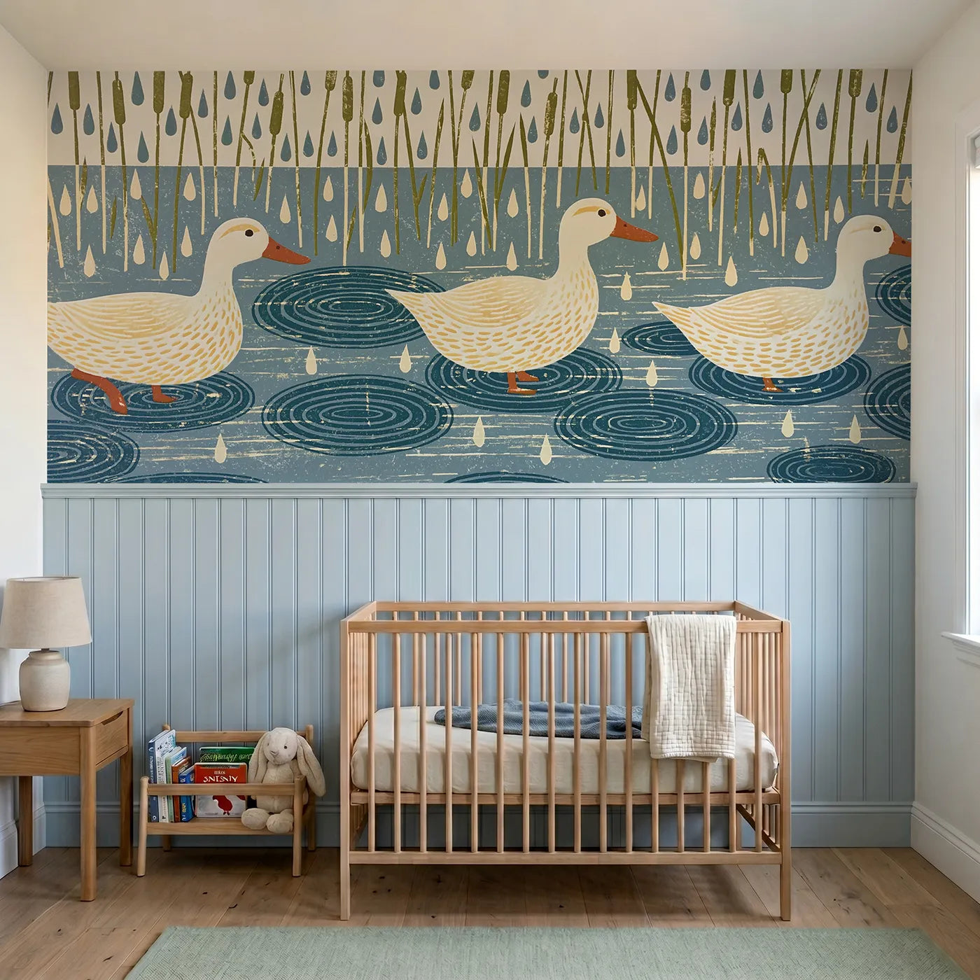 Block print wainscoting wallpaper of carved ducks enjoying puddles by Whimsy Tots