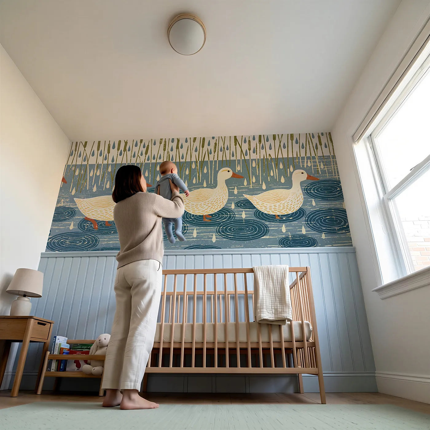 Child reading near Carved Ducks Puddle Joy Wainscoting Wallpaper by Whimsy Tots