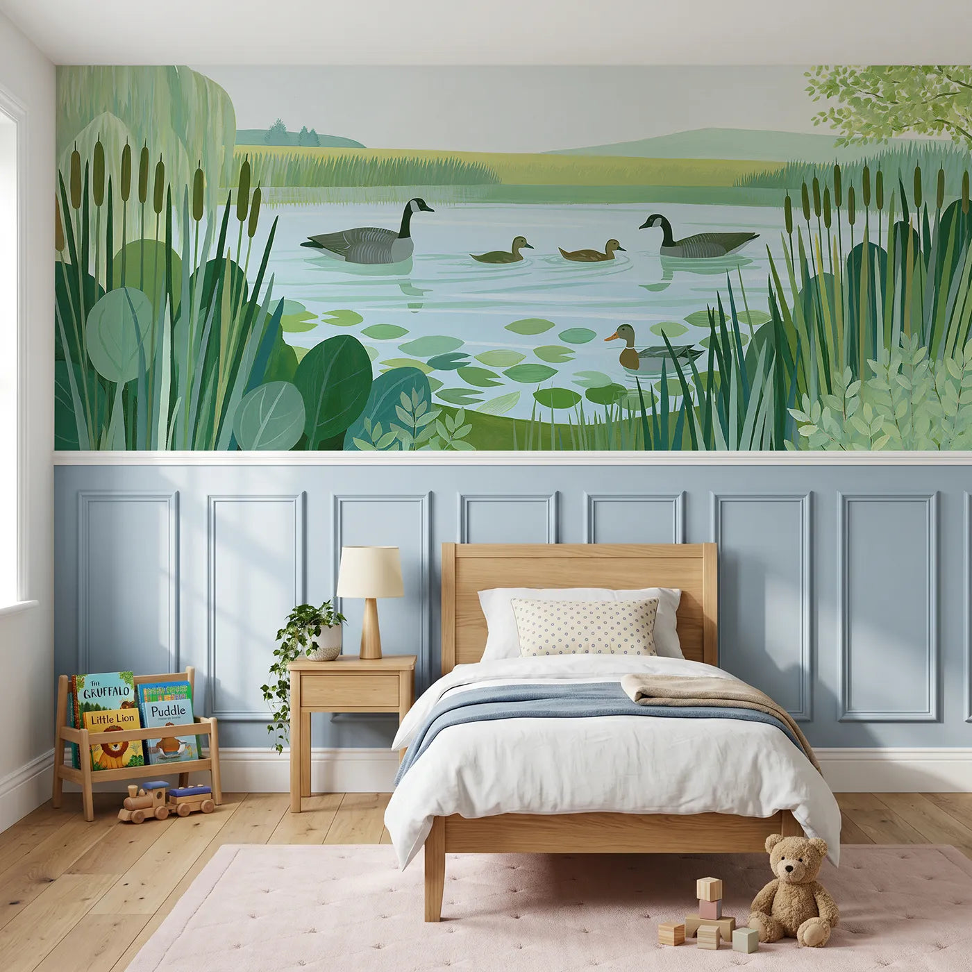 Modern illustration wainscoting wallpaper of a calm painted farm pond by Whimsy Tots