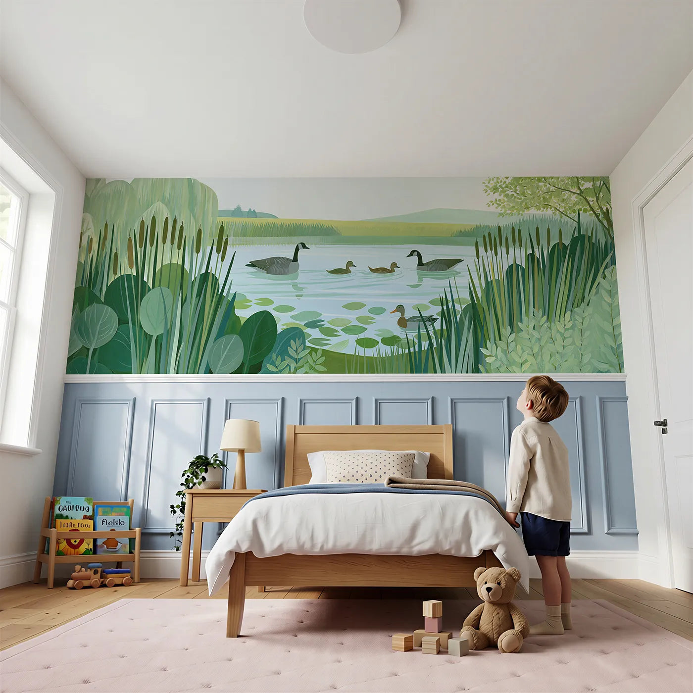 Child reading near Painted Farm Pond Afternoon Wainscoting Wallpaper by Whimsy Tots