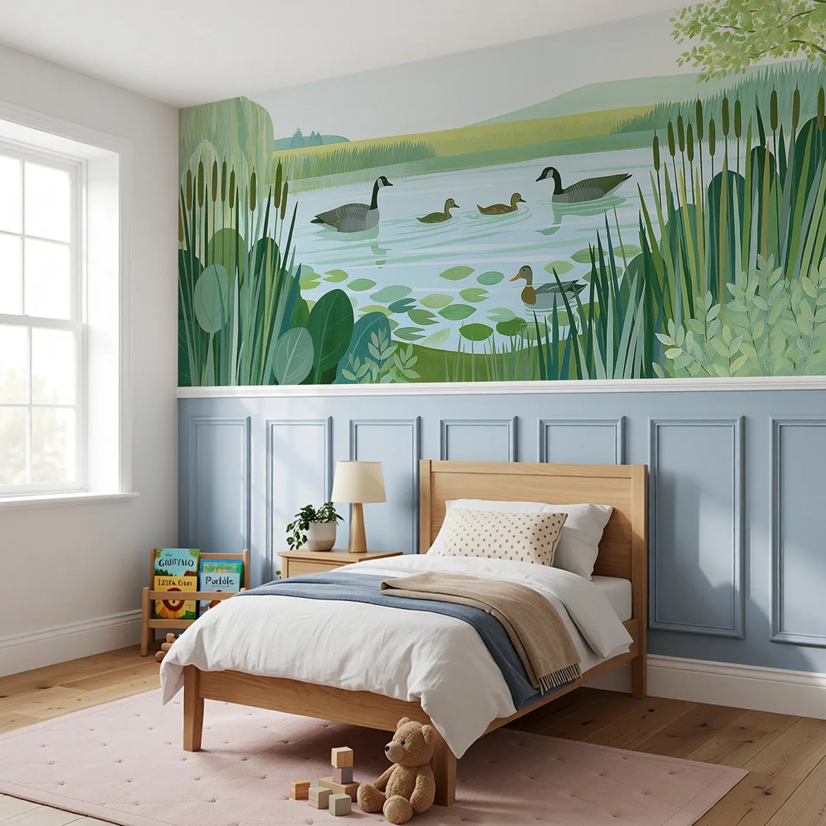 Painted Farm Pond Afternoon Wainscoting Wallpaper styled in a kids room by Whimsy Tots