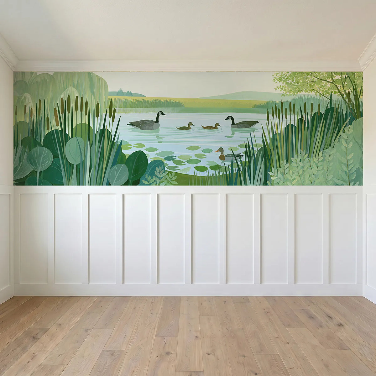 Full panel view of Painted Farm Pond Afternoon Wainscoting Wallpaper by Whimsy Tots