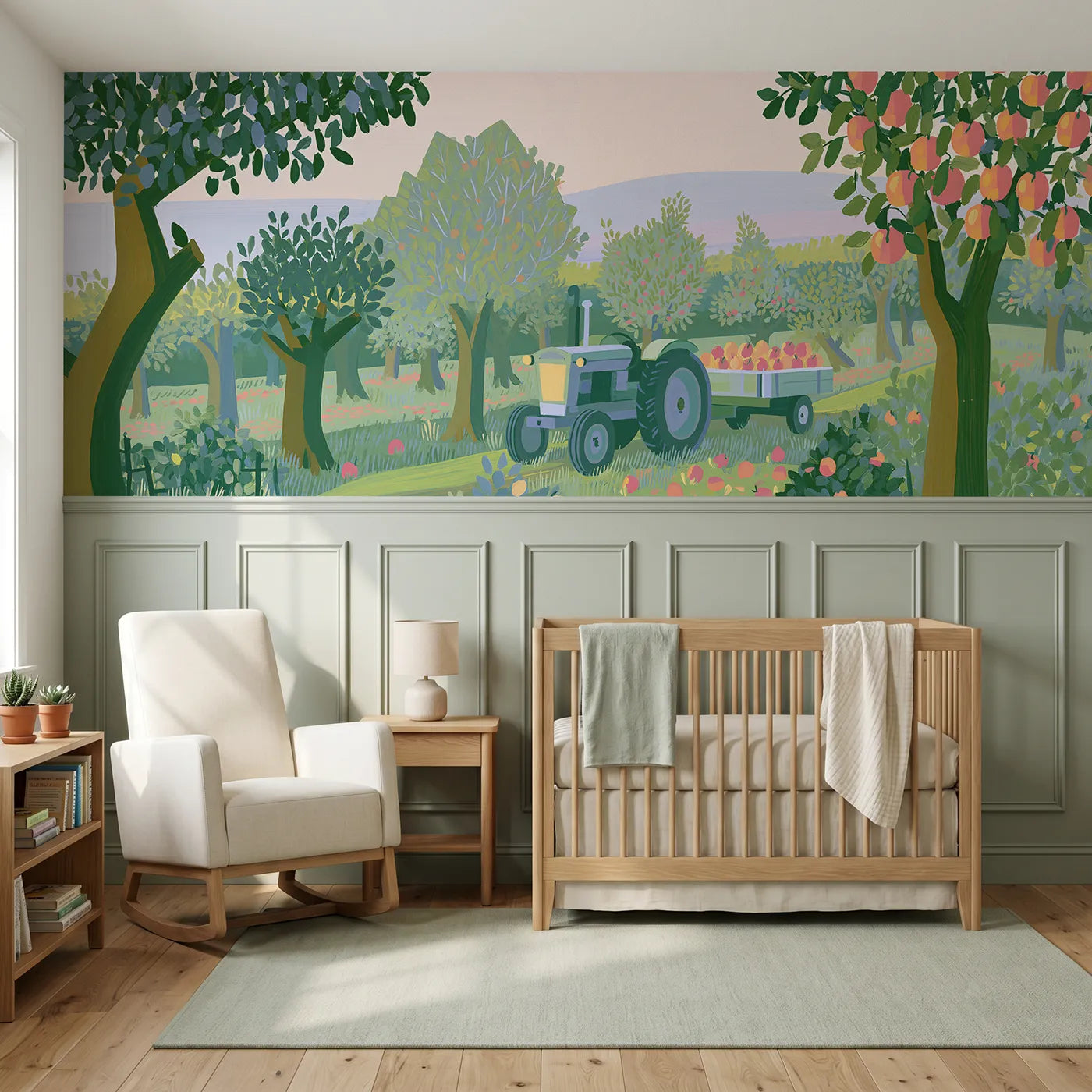 Modern illustration wainscoting wallpaper of a tractor hauling orchard apples by Whimsy Tots