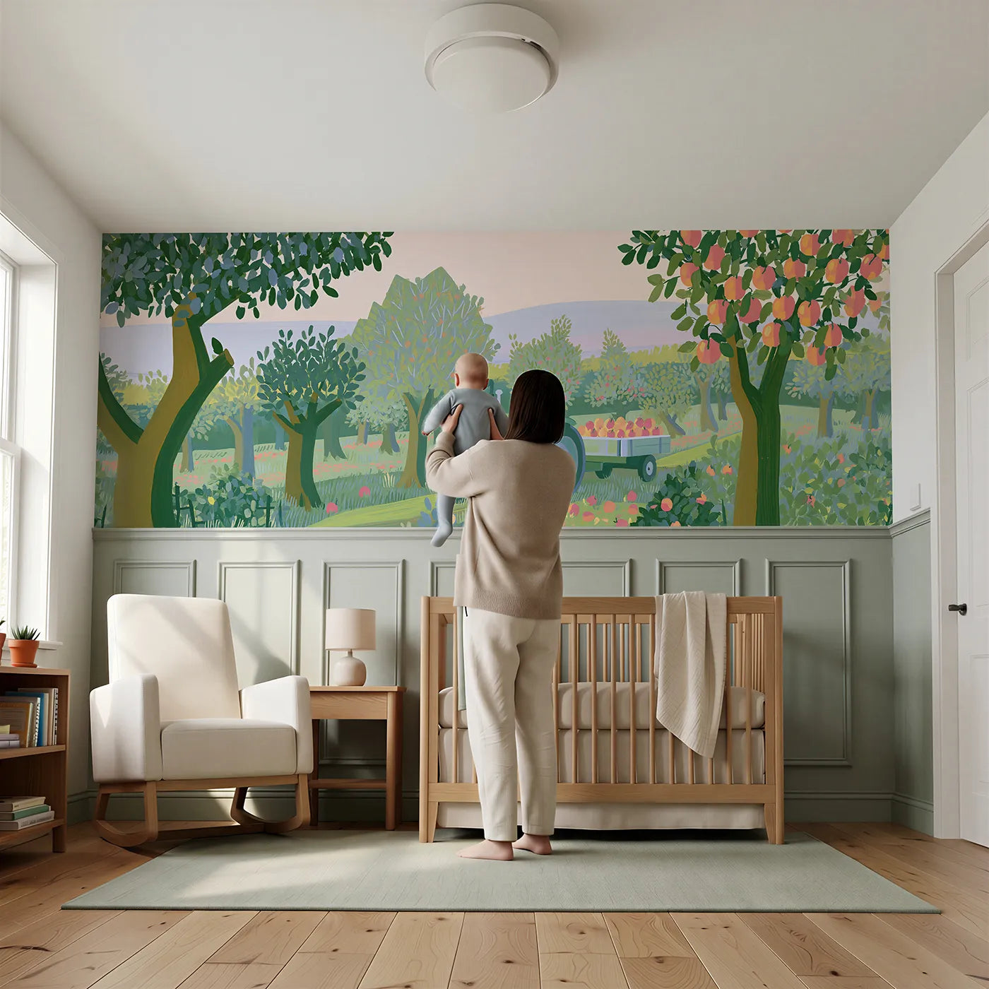 Child reading near Painted Tractor Orchard Lane Wainscoting Wallpaper by Whimsy Tots