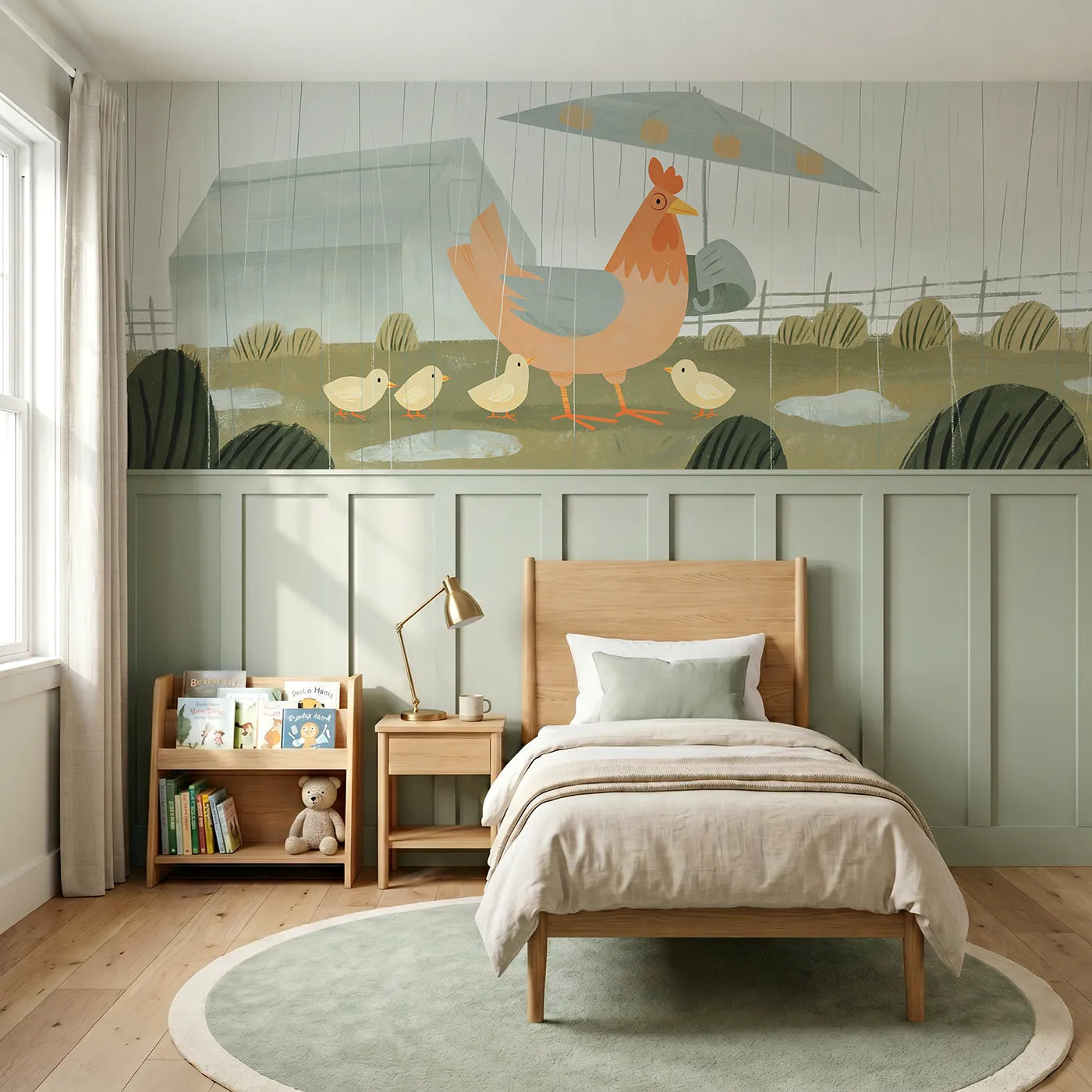 Modern illustration wainscoting wallpaper of a hen sheltering chicks from rain by Whimsy Tots