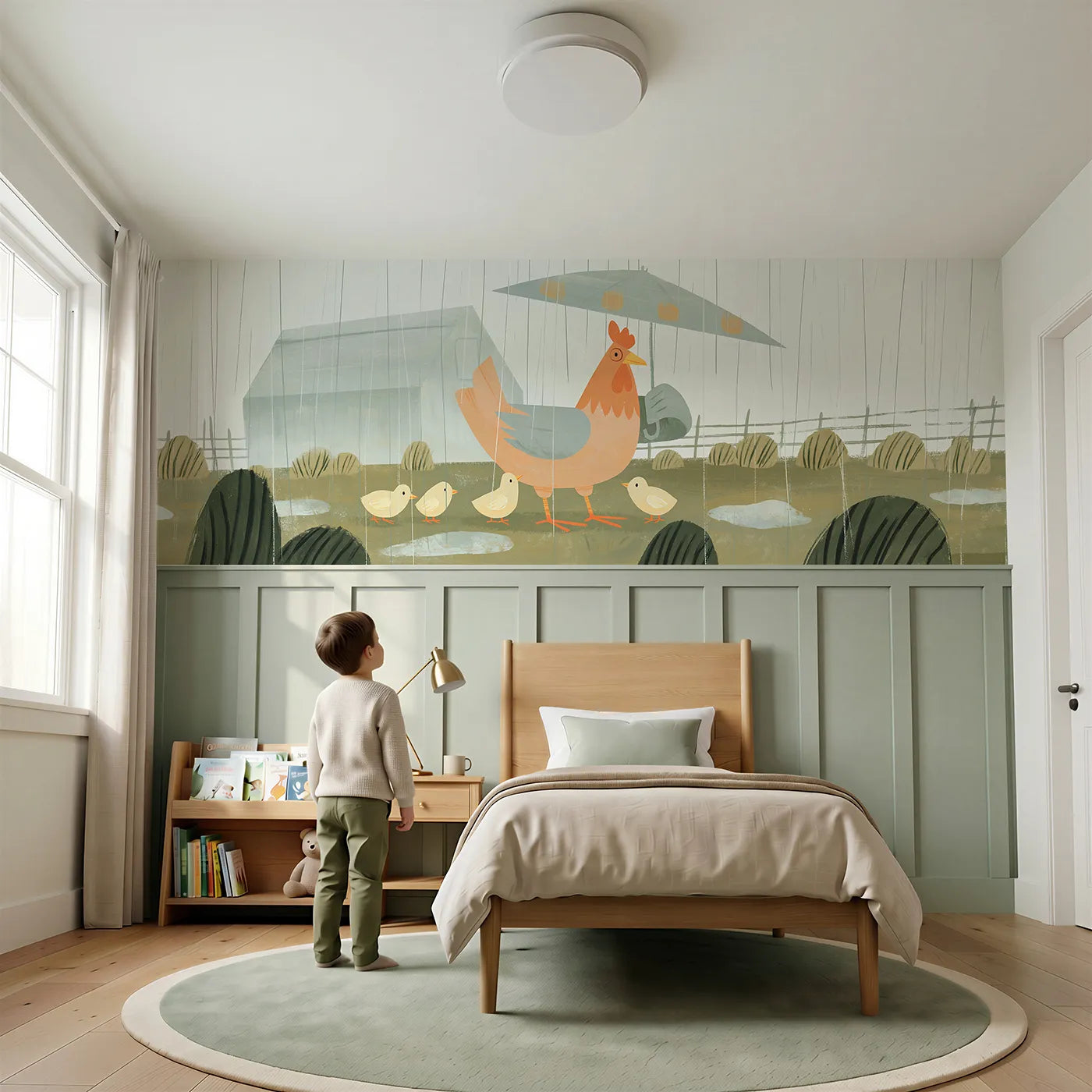 Child reading near Painted Hen Umbrella Wing Wainscoting Wallpaper by Whimsy Tots