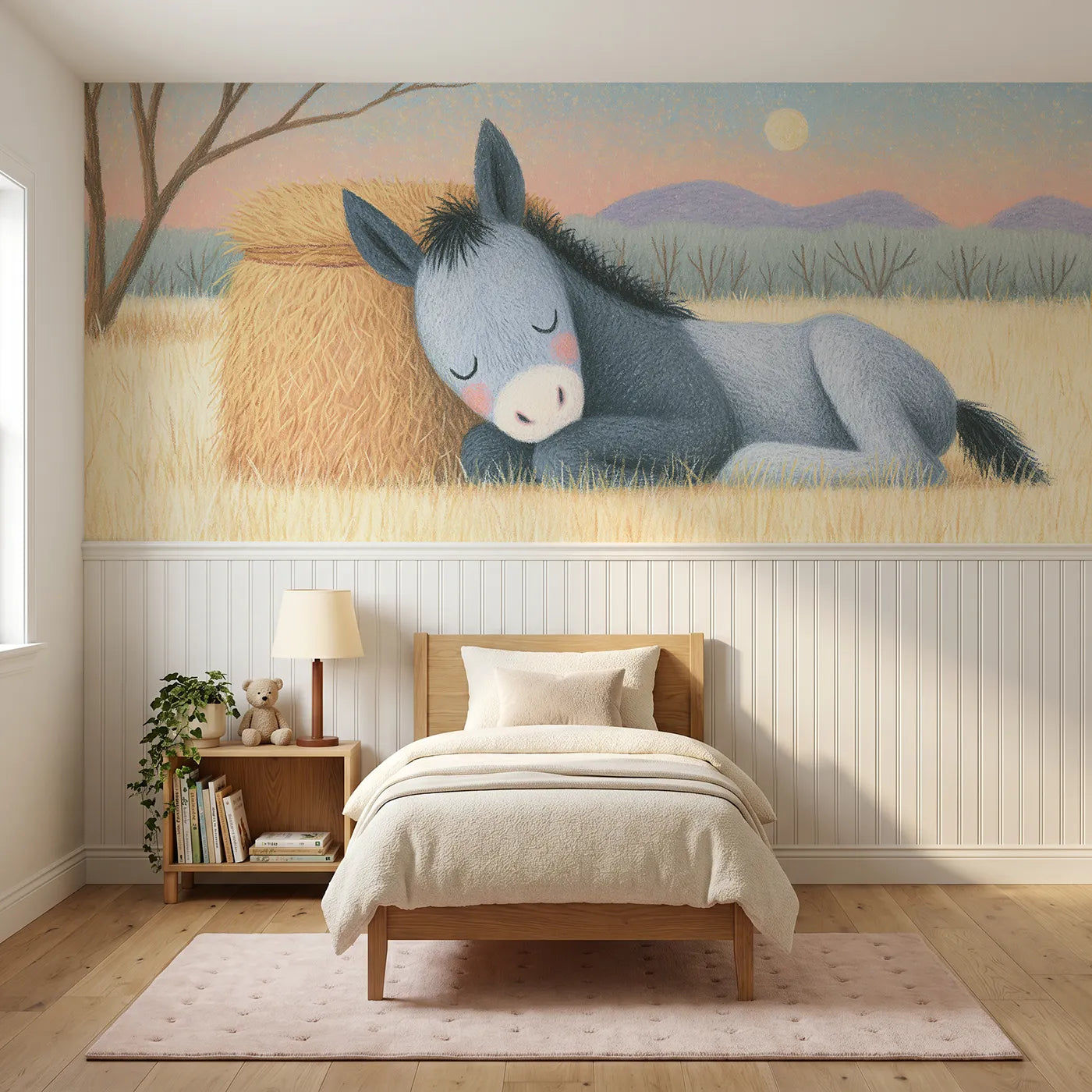 Colored pencil wainscoting wallpaper of a foal asleep against a haystack by Whimsy Tots