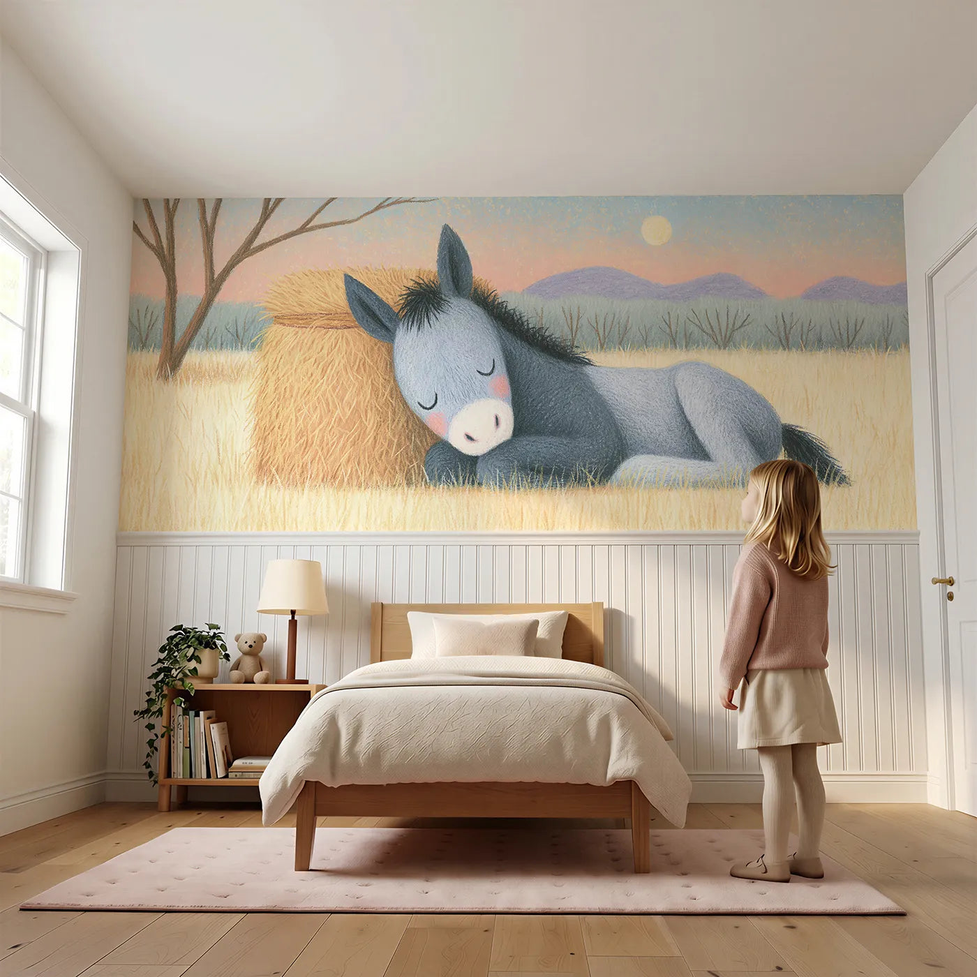 Child reading near Foal Haystack Nap Wainscoting Wallpaper by Whimsy Tots