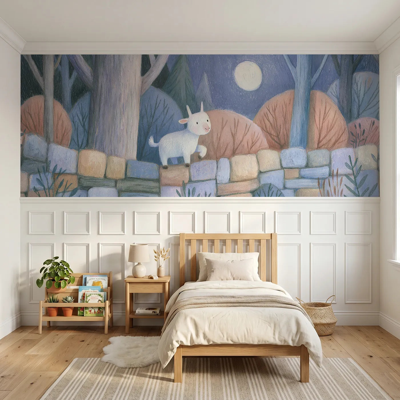 Colored pencil wainscoting wallpaper of a goat kid climbing in moonlight by Whimsy Tots