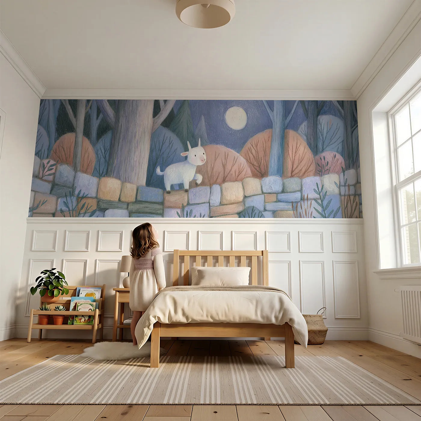 Child reading near Goat Kid Moonlit Mischief Wainscoting Wallpaper by Whimsy Tots