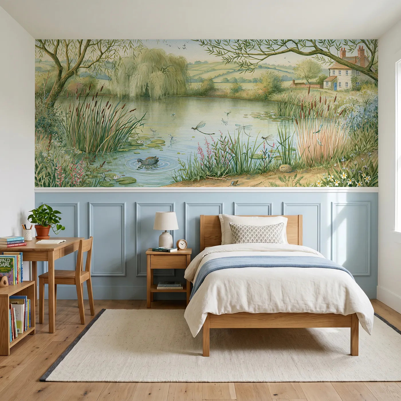 Storybook wainscoting wallpaper of a farm pond glowing at daybreak by Whimsy Tots