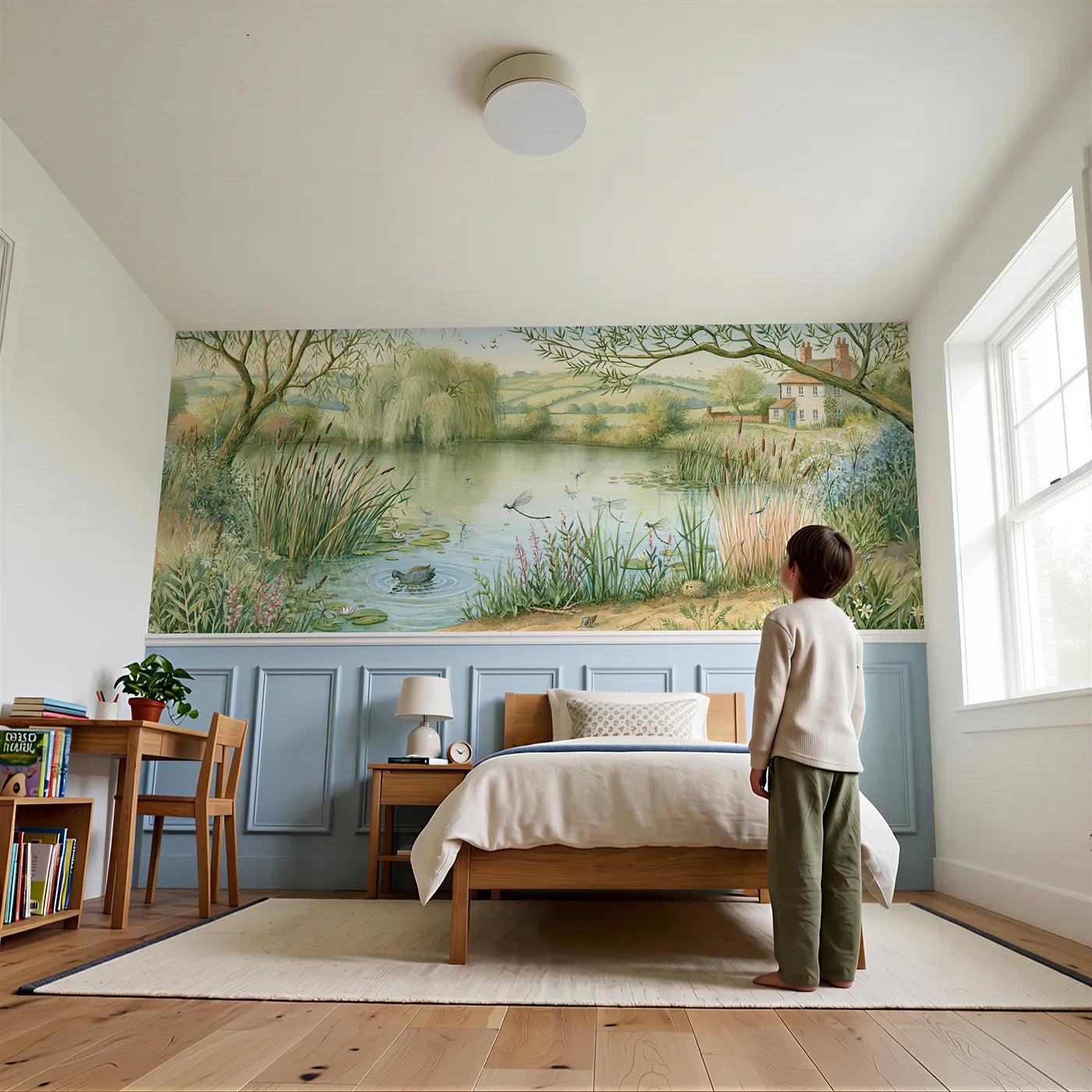 Child reading near Farm Pond Daybreak Glow Wainscoting Wallpaper by Whimsy Tots