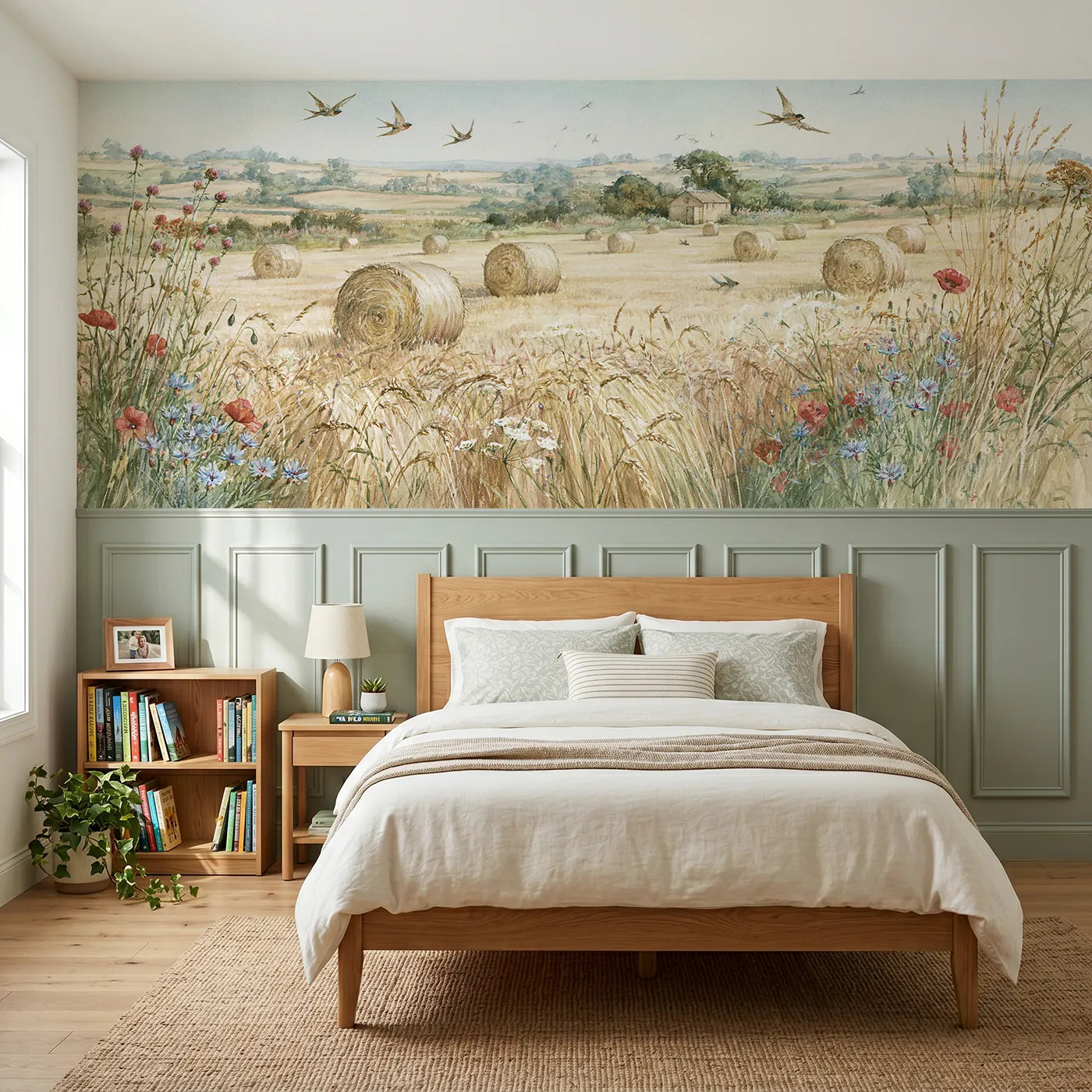 Storybook wainscoting wallpaper of hay bales in a field after rain by Whimsy Tots