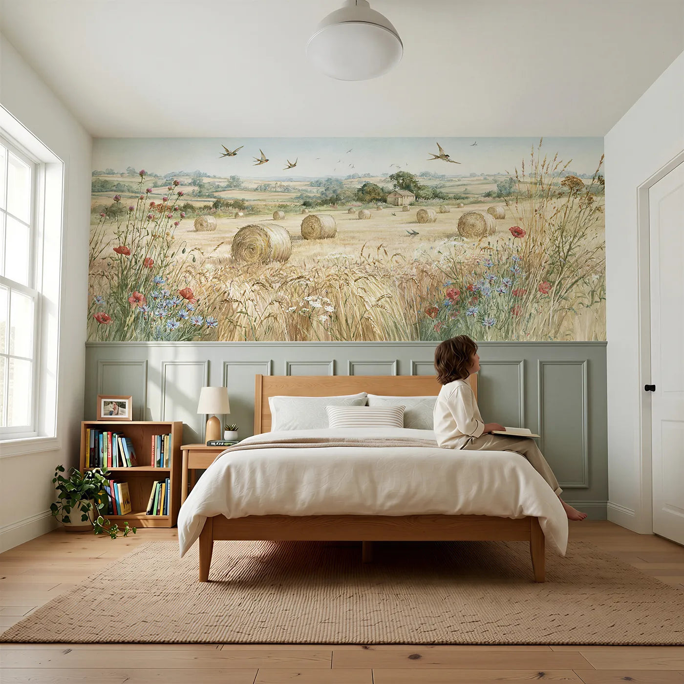 Child reading near Hayfield After Rain Light Wainscoting Wallpaper by Whimsy Tots
