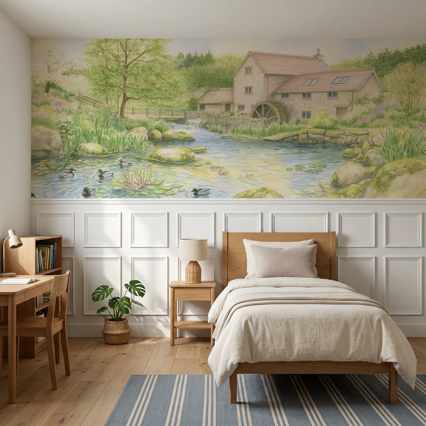 Colored pencil wainscoting mural of an old watermill on a stream by Whimsy Tots