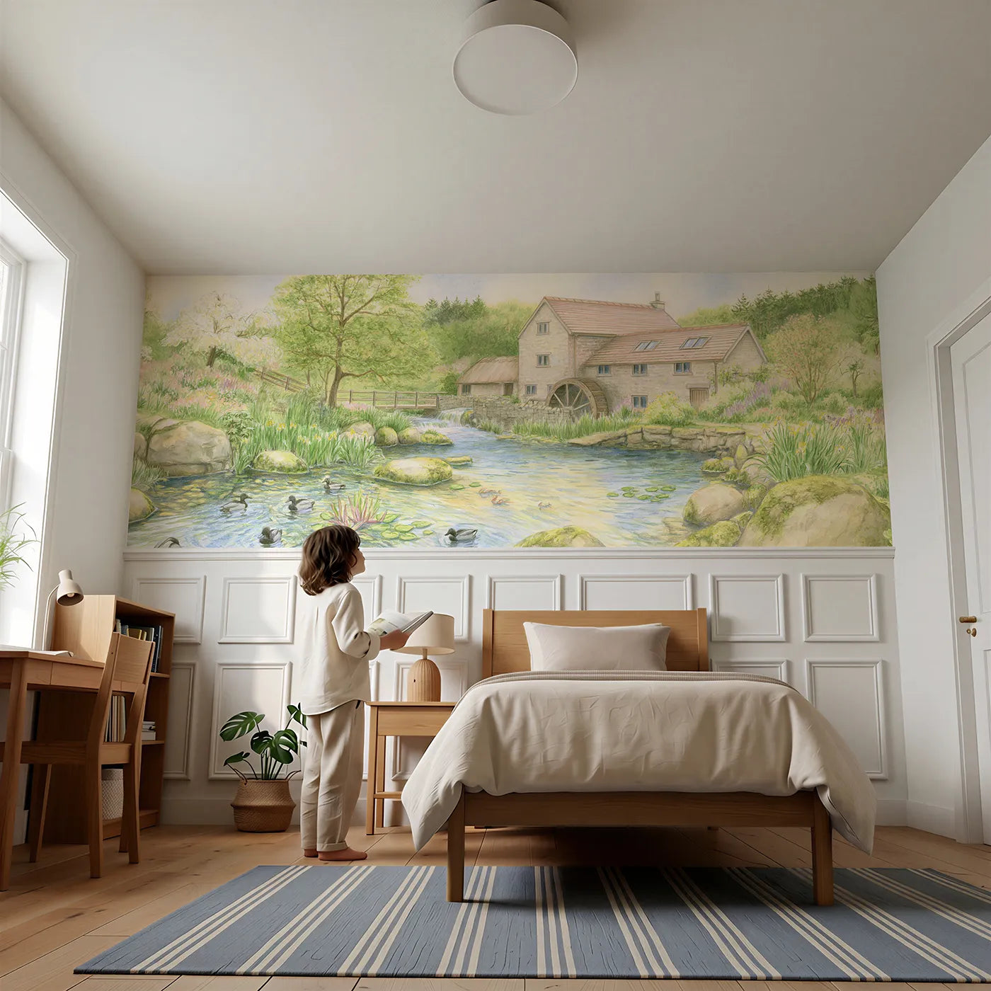 Child reading near The Old Mill Stream Wainscoting Wallpaper by Whimsy Tots