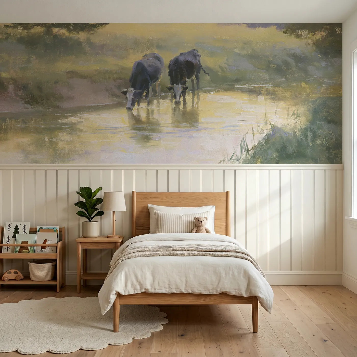 Watercolor wainscoting mural of two cows drinking at an evening stream by Whimsy Tots