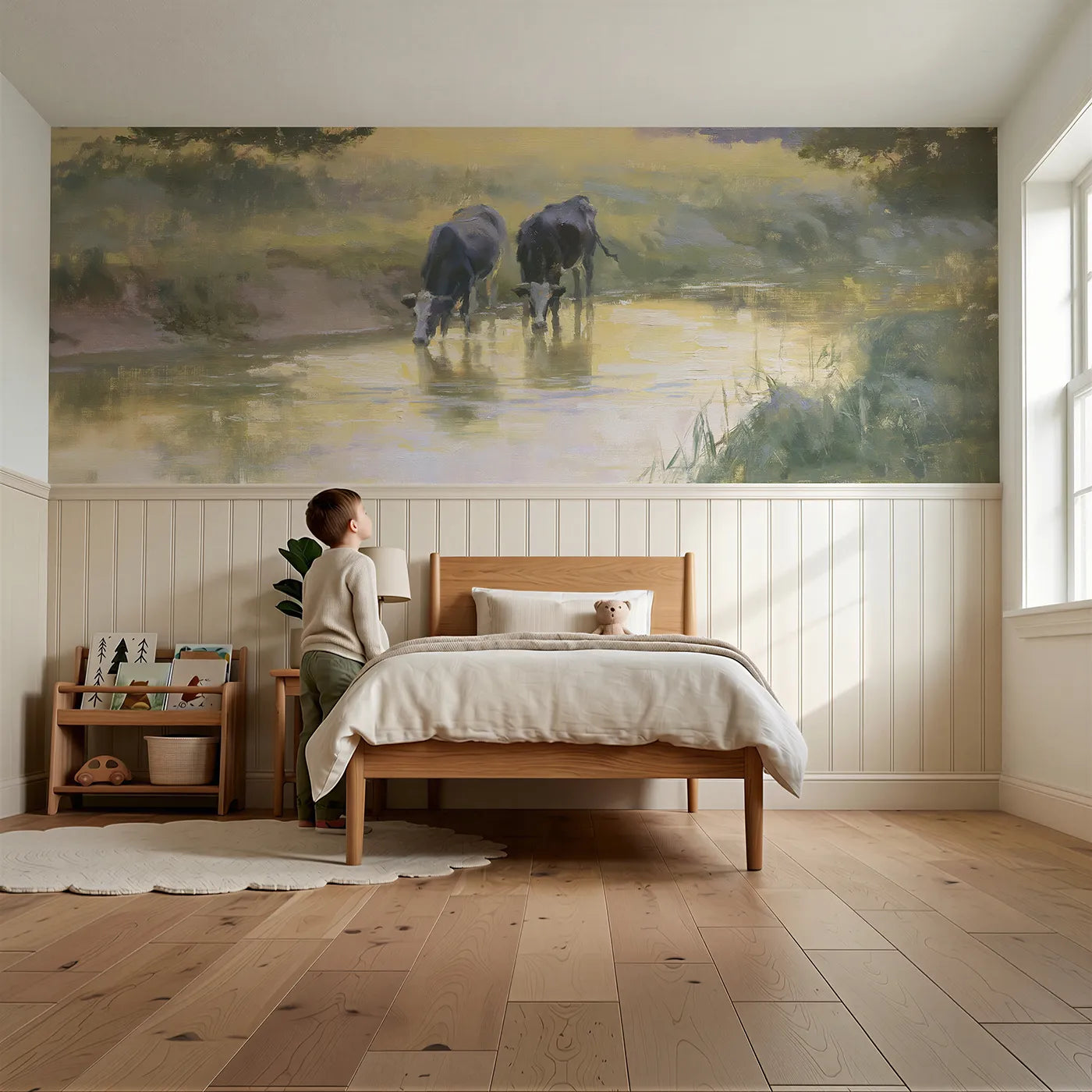 Child reading near Cow Pair Stream Evening Wainscoting Wallpaper by Whimsy Tots
